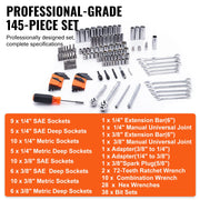 Mechanics Tool Set and Socket Set 1/4in 3/8in Drive 145 Pcs SAE and Metric V952-JXGJTZ1438SAEUVL7V0