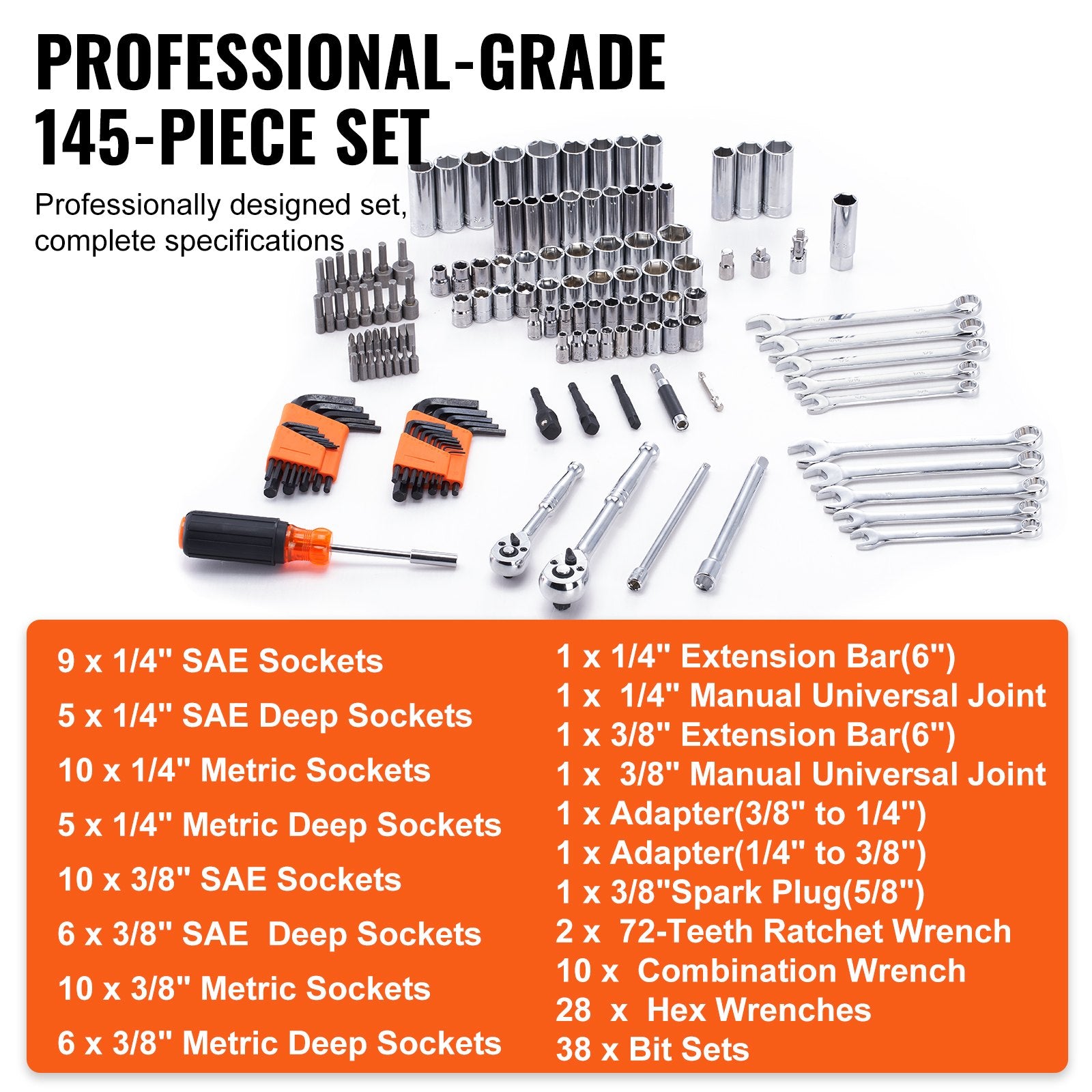 Mechanics Tool Set and Socket Set 1/4in 3/8in Drive 145 Pcs SAE and Metric V952-JXGJTZ1438SAEUVL7V0