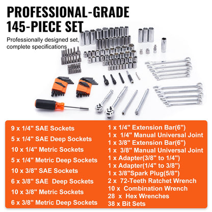 Mechanics Tool Set and Socket Set 1/4in 3/8in Drive 145 Pcs SAE and Metric V952-JXGJTZ1438SAEUVL7V0