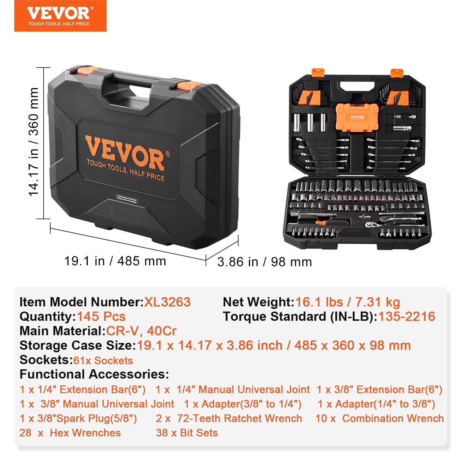 Mechanics Tool Set and Socket Set 1/4in 3/8in Drive 145 Pcs SAE and Metric V952-JXGJTZ1438SAEUVL7V0