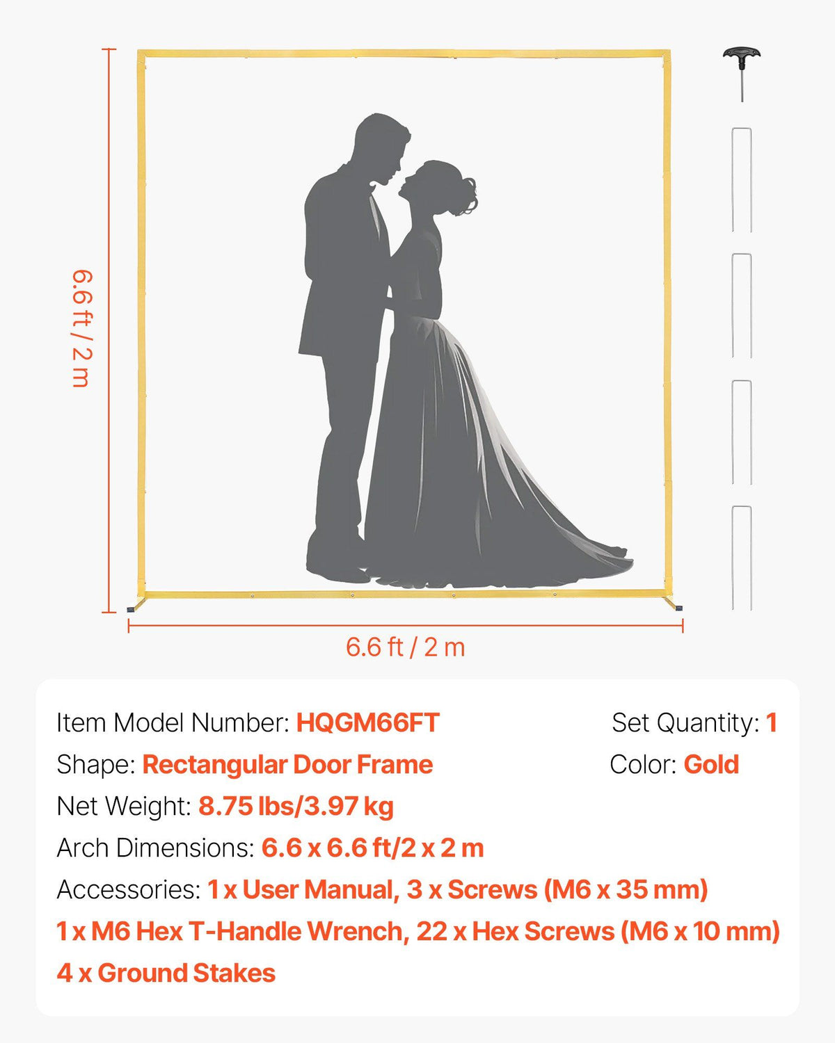 Arch Backdrop Stand, 2 x 2 m, Stable Structure, Easy Assembly, Square Gold Metal Arch Backdrop Stand for V952-JXJDJT66FT66JQXDB001V0
