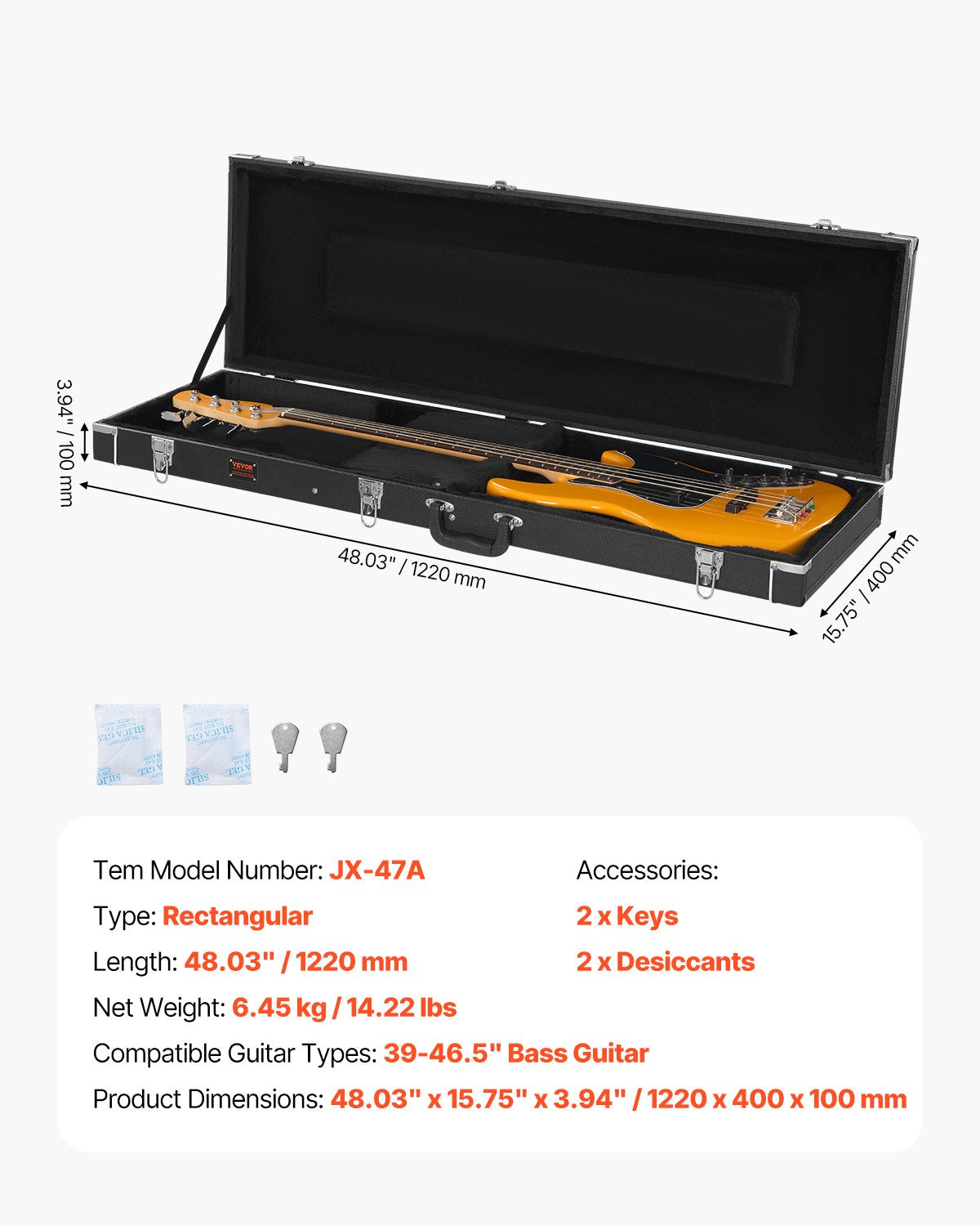 Bass Guitar Hard Case, 1220 mm Rectangular Guitar Hard Case, With Lock Latch Keys Handle, PVC Padding Soft V952-JXJTYHJXJHBBVUUYRV0