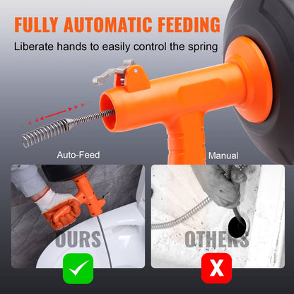 Drain Auger 25ft 1/4in Drum Plumbing Drain Snake Clog Remover Autofeed V952-JXKSC25FT14IN9TZMV0