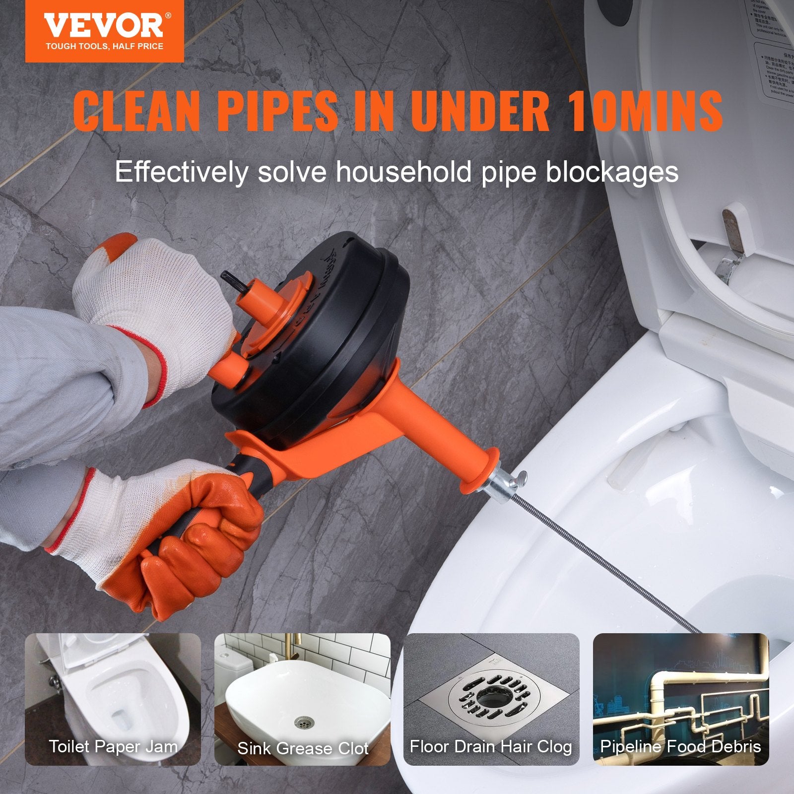 Drain Auger 25ft 1/4in Drum Plumbing Drain Snake Clog Remover Manual-feed V952-JXKSC25FT14INJ1BPV0