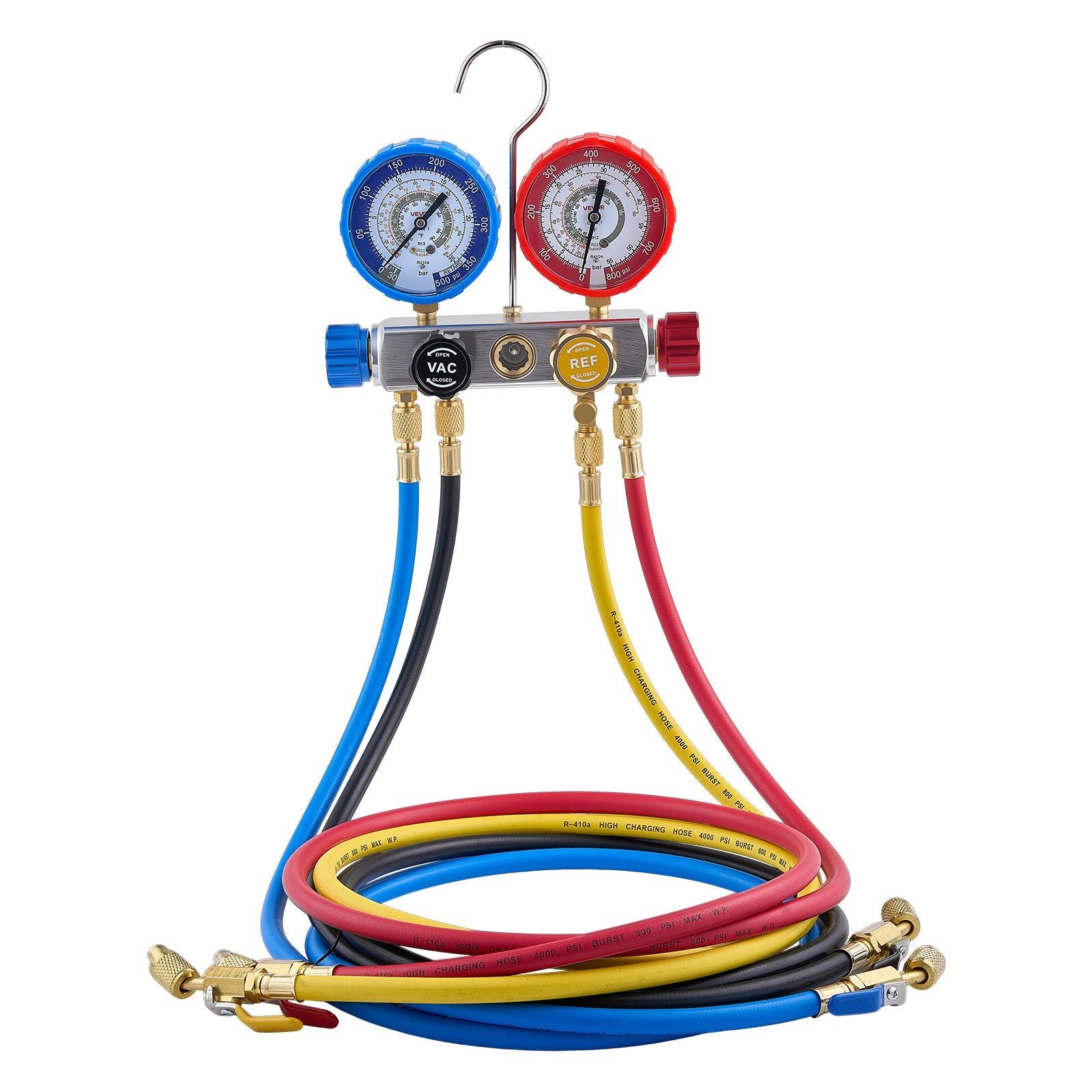 AC Manifold Gauge Set for R22 R404A R410A R12 Refrigerants, 4 Way AC Gauges with 1.5 m Hoses for Automotive & V952-JXLMB4TLBDSTGNWO6001V0