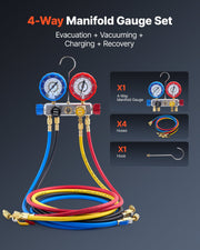 AC Manifold Gauge Set for R22 R404A R410A R12 Refrigerants, 4 Way AC Gauges with 1.5 m Hoses for Automotive & V952-JXLMB4TLBDSTGNWO6001V0