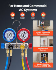 AC Manifold Gauge Set for R22 R404A R410A R12 Refrigerants, 4 Way AC Gauges with 1.5 m Hoses for Automotive & V952-JXLMB4TLBDSTGNWO6001V0