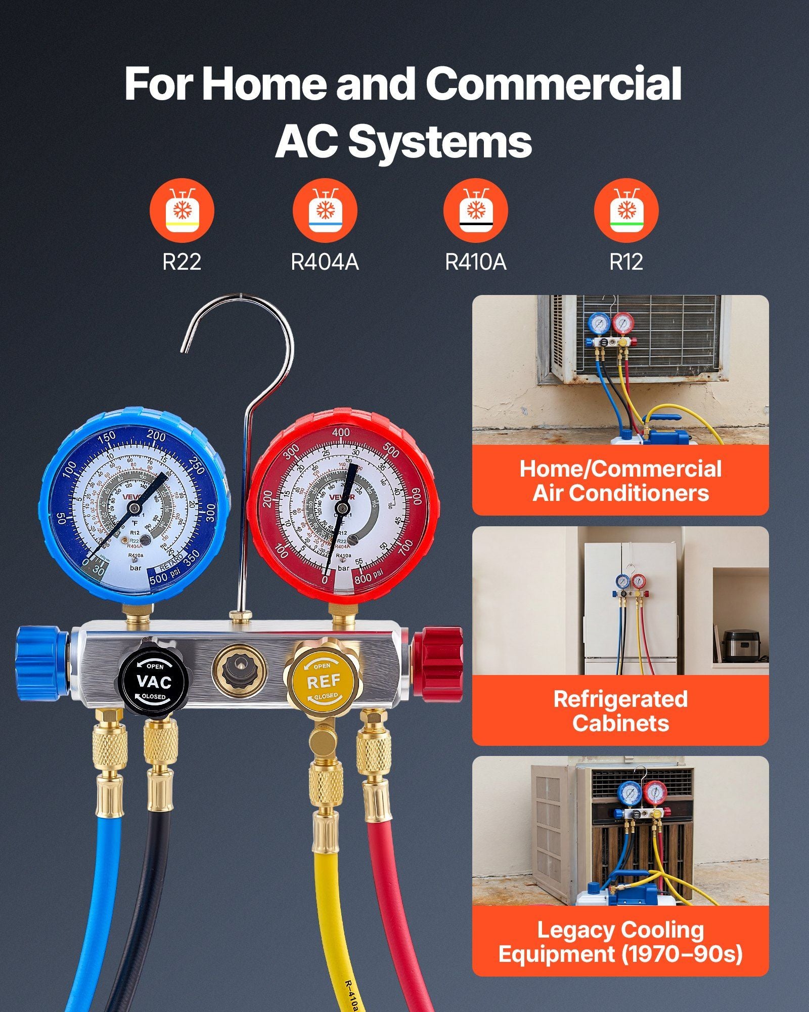 AC Manifold Gauge Set for R22 R404A R410A R12 Refrigerants, 4 Way AC Gauges with 1.5 m Hoses for Automotive & V952-JXLMB4TLBDSTGNWO6001V0