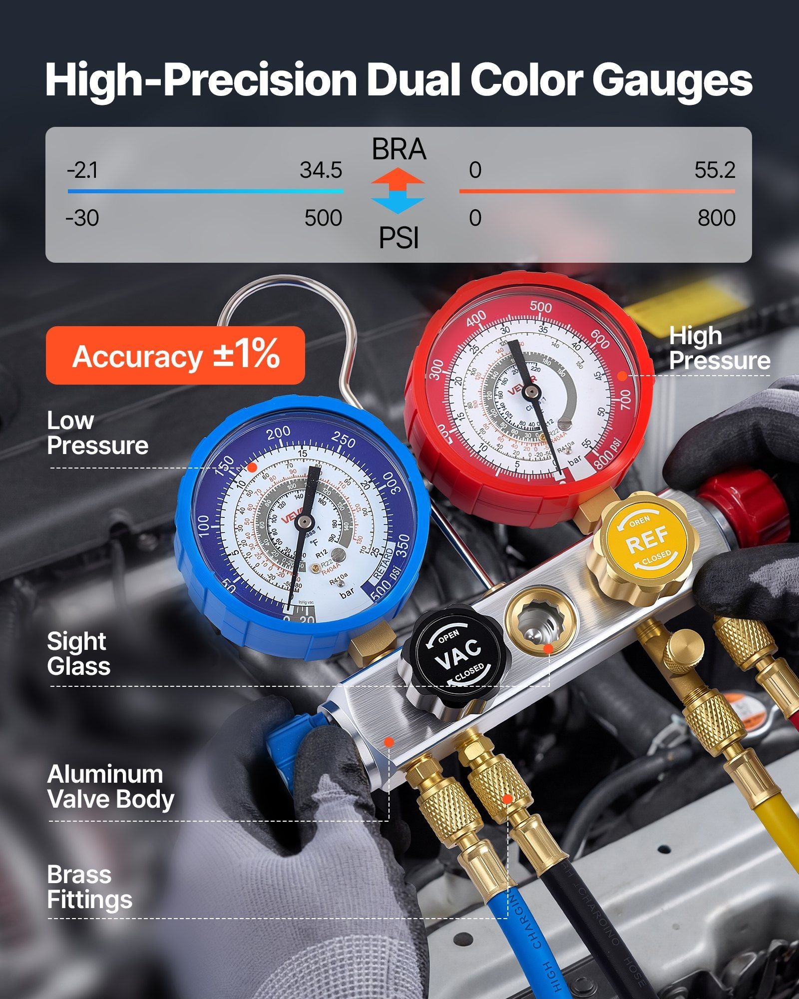 AC Manifold Gauge Set for R22 R404A R410A R12 Refrigerants, 4 Way AC Gauges with 1.5 m Hoses for Automotive & V952-JXLMB4TLBDSTGNWO6001V0