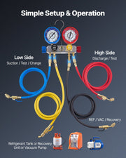 AC Manifold Gauge Set for R22 R404A R410A R12 Refrigerants, 4 Way AC Gauges with 1.5 m Hoses for Automotive & V952-JXLMB4TLBDSTGNWO6001V0