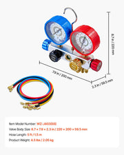 AC Manifold Gauge Set for R22 R404A R410A R12 Refrigerants, 4 Way AC Gauges with 1.5 m Hoses for Automotive & V952-JXLMB4TLBDSTGNWO6001V0