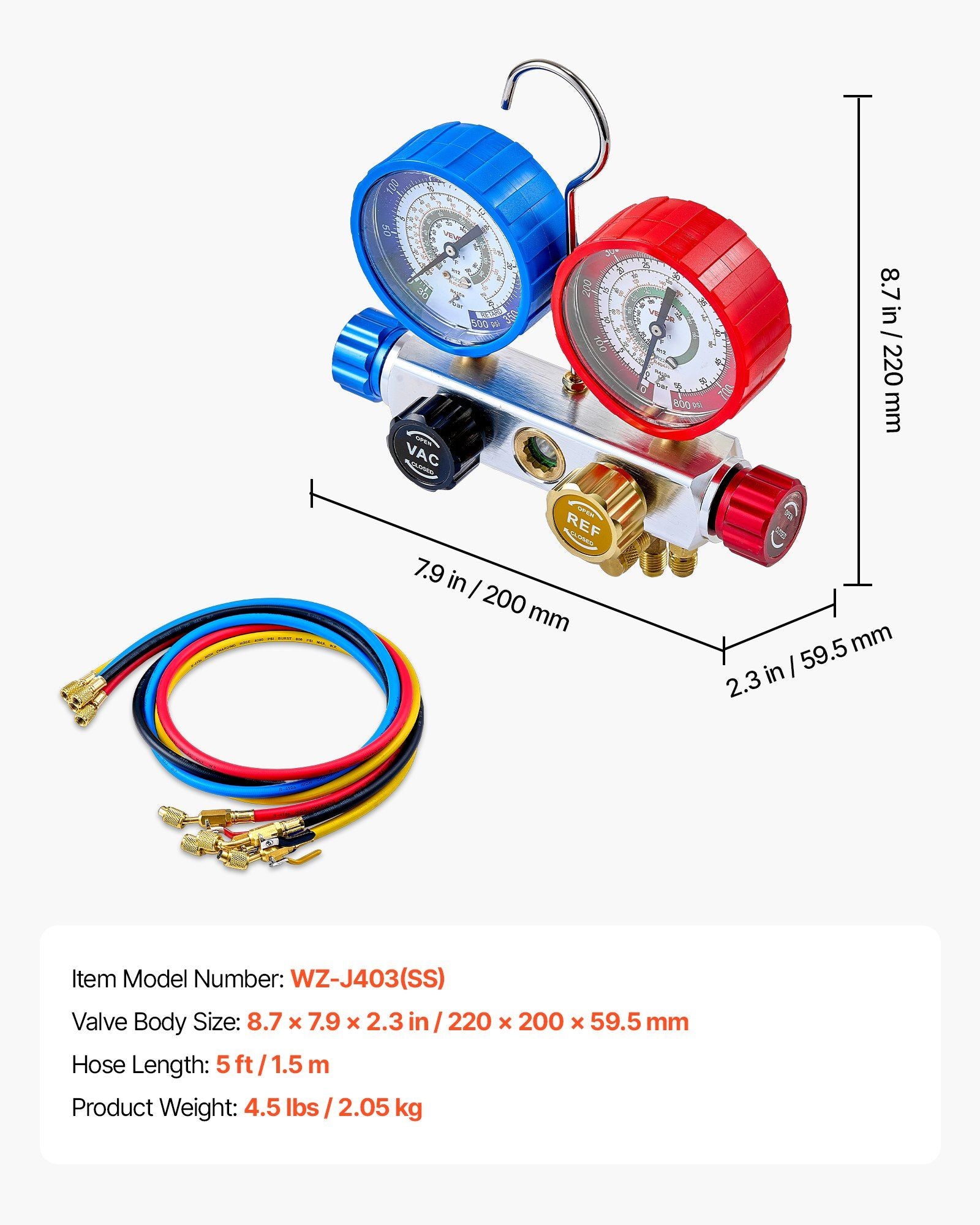 AC Manifold Gauge Set for R22 R404A R410A R12 Refrigerants, 4 Way AC Gauges with 1.5 m Hoses for Automotive & V952-JXLMB4TLBDSTGNWO6001V0