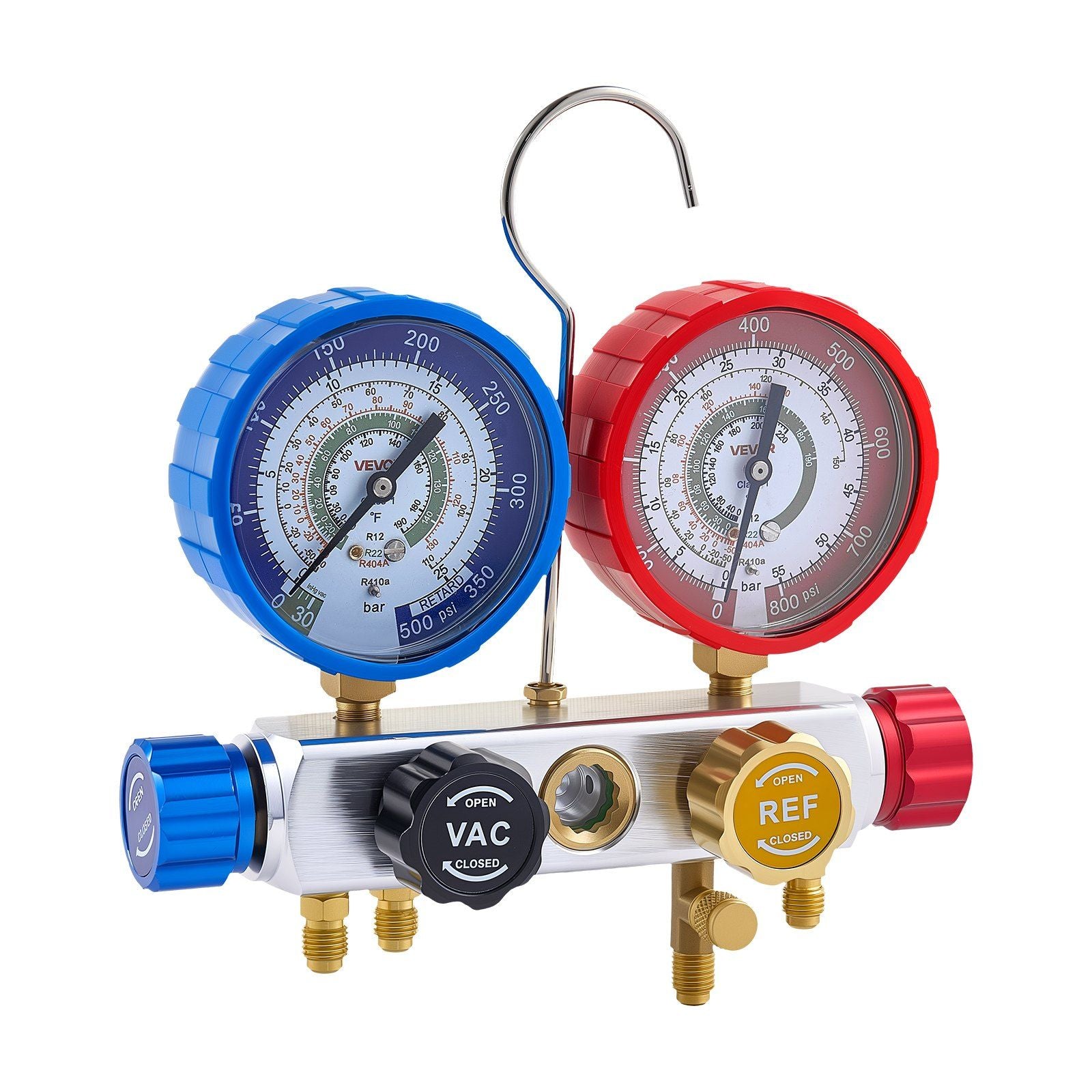 AC Manifold Gauge Set for R22 R404A R410A R12 Refrigerants, 4 Way AC Gauges with 1.5 m Hoses for Automotive & V952-JXLMB4TLBDSTGNWO6001V0
