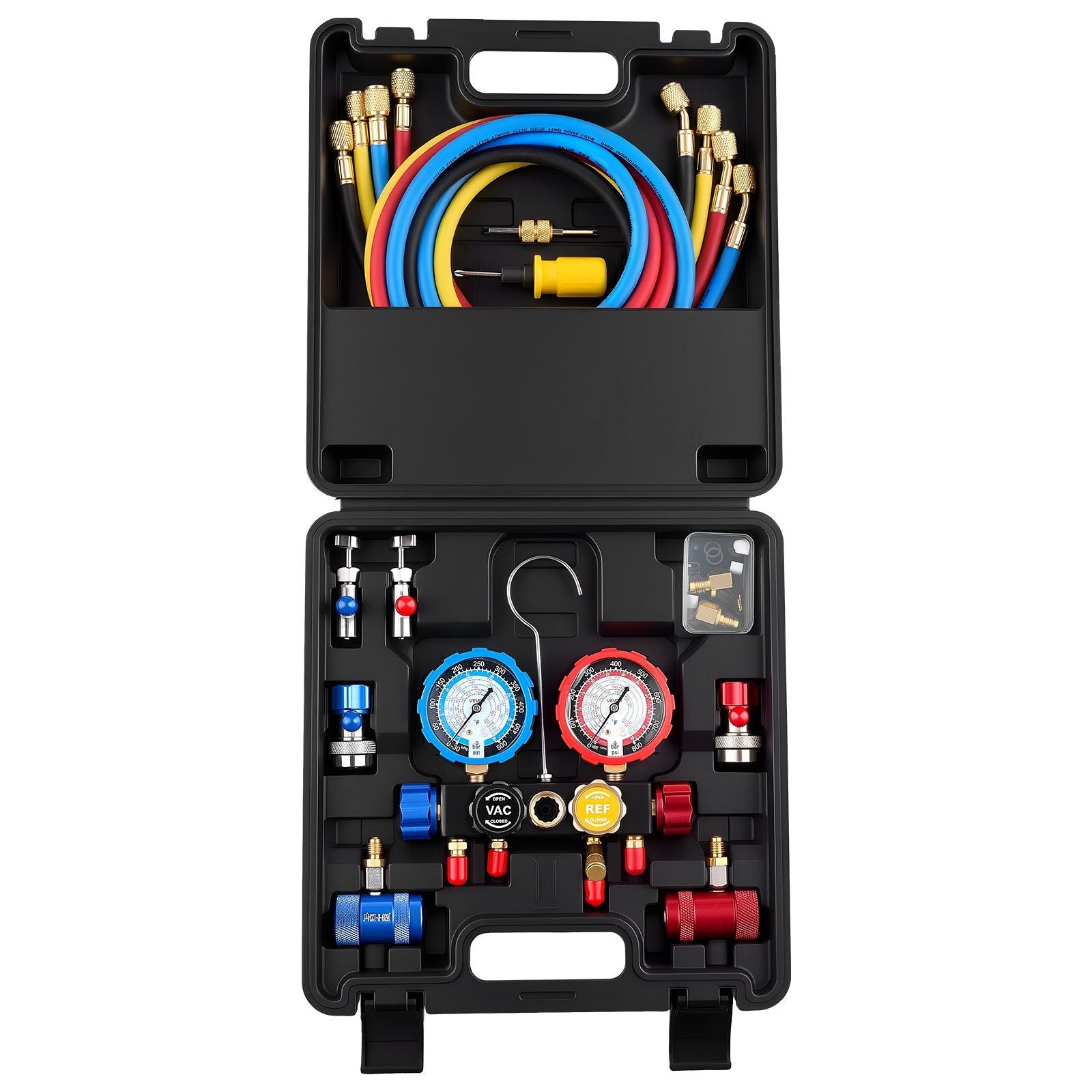 AC Manifold Gauge Set for R134a R404A R1234yf R22 Refrigerant, 4 Way AC Gauge with 1.5m Hoses, Adapters, V952-JXLMB4TLDSTXOAEMC001V0