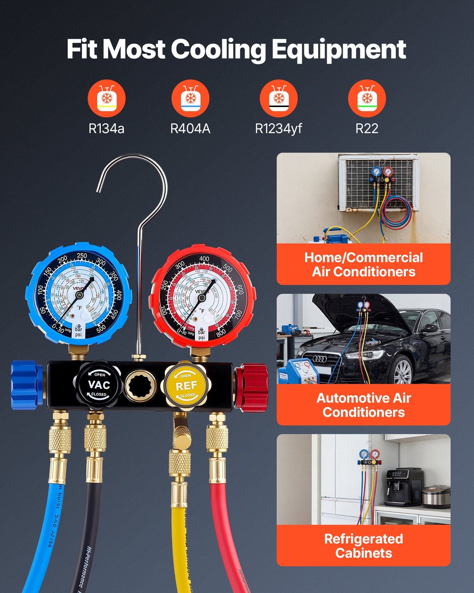 AC Manifold Gauge Set for R134a R404A R1234yf R22 Refrigerant, 4 Way AC Gauge with 1.5m Hoses, Adapters, V952-JXLMB4TLDSTXOAEMC001V0