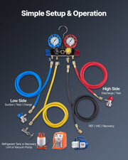 AC Manifold Gauge Set for R134a R404A R1234yf R22 Refrigerant, 4 Way AC Gauge with 1.5m Hoses, Adapters, V952-JXLMB4TLDSTXOAEMC001V0