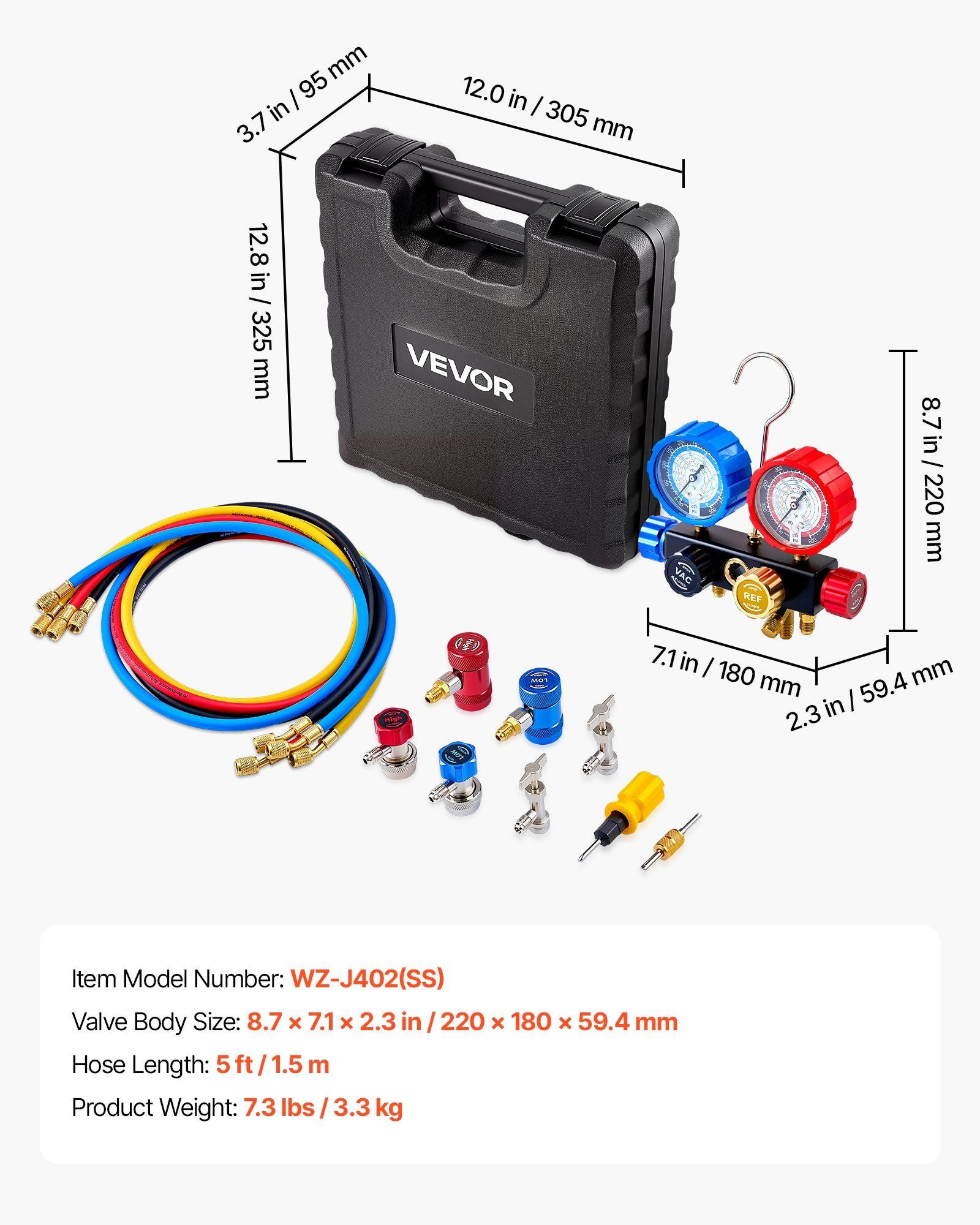 AC Manifold Gauge Set for R134a R404A R1234yf R22 Refrigerant, 4 Way AC Gauge with 1.5m Hoses, Adapters, V952-JXLMB4TLDSTXOAEMC001V0