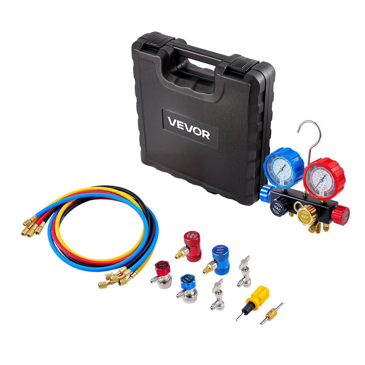 AC Manifold Gauge Set for R134a R404A R1234yf R22 Refrigerant, 4 Way AC Gauge with 1.5m Hoses, Adapters, V952-JXLMB4TLDSTXOAEMC001V0