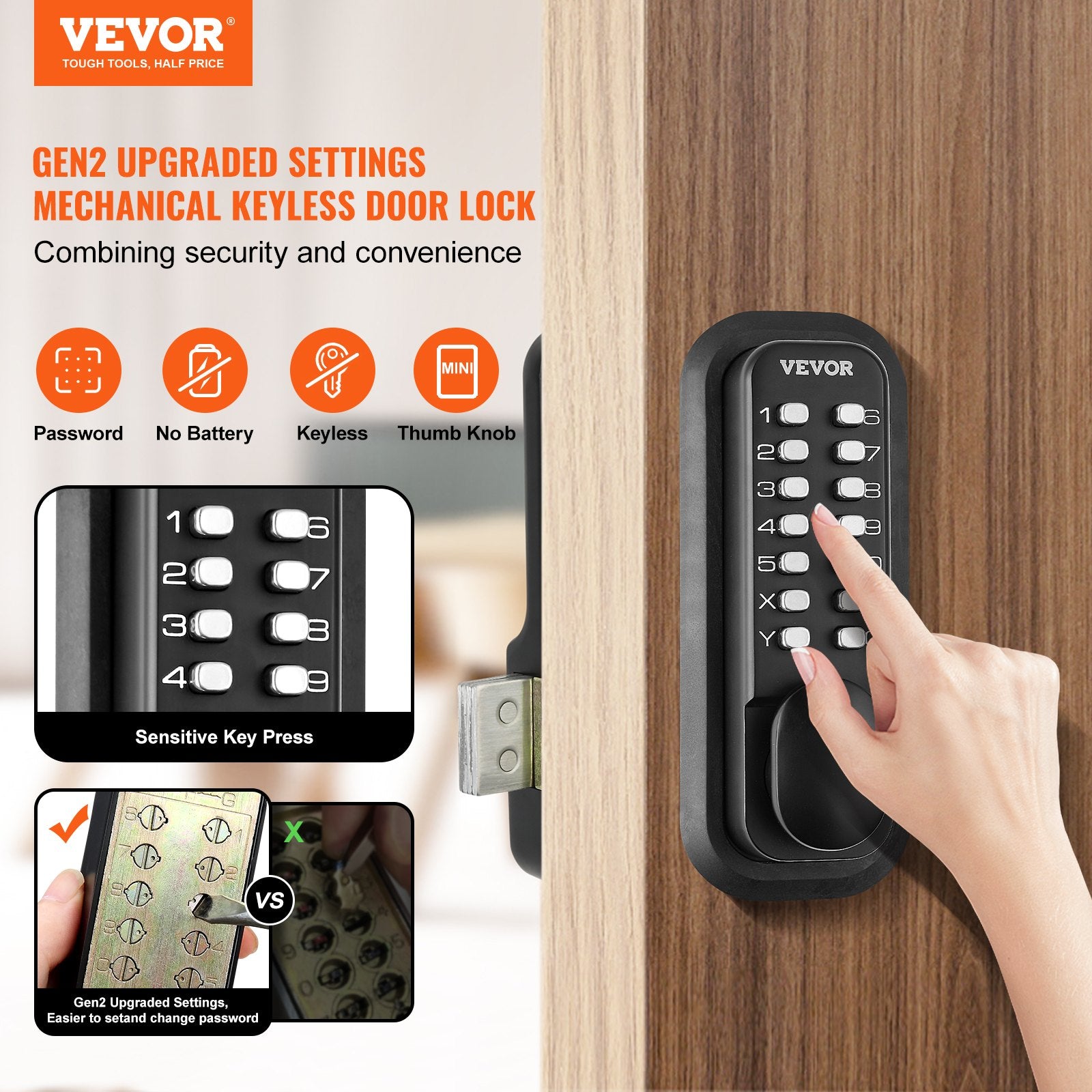 Mechanical Keyless Entry Door Lock, 14 Digit Keypad, Water-proof Zinc Alloy, Outdoor Gate Door Locks Set with V952-JXMMSBMAZSZMEOO20V0