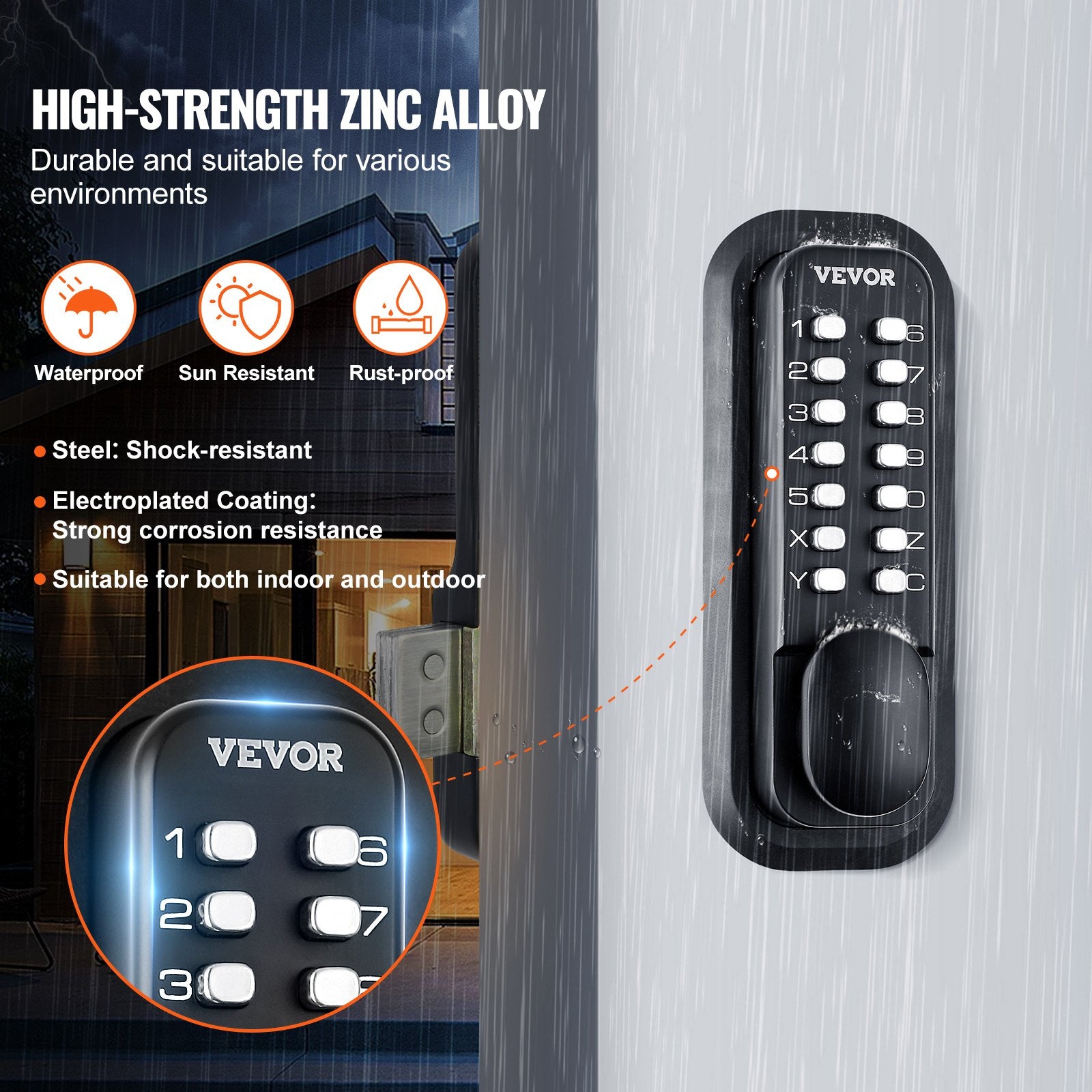 Mechanical Keyless Entry Door Lock, 14 Digit Keypad, Water-proof Zinc Alloy, Outdoor Gate Door Locks Set with V952-JXMMSBMAZSZMEOO20V0