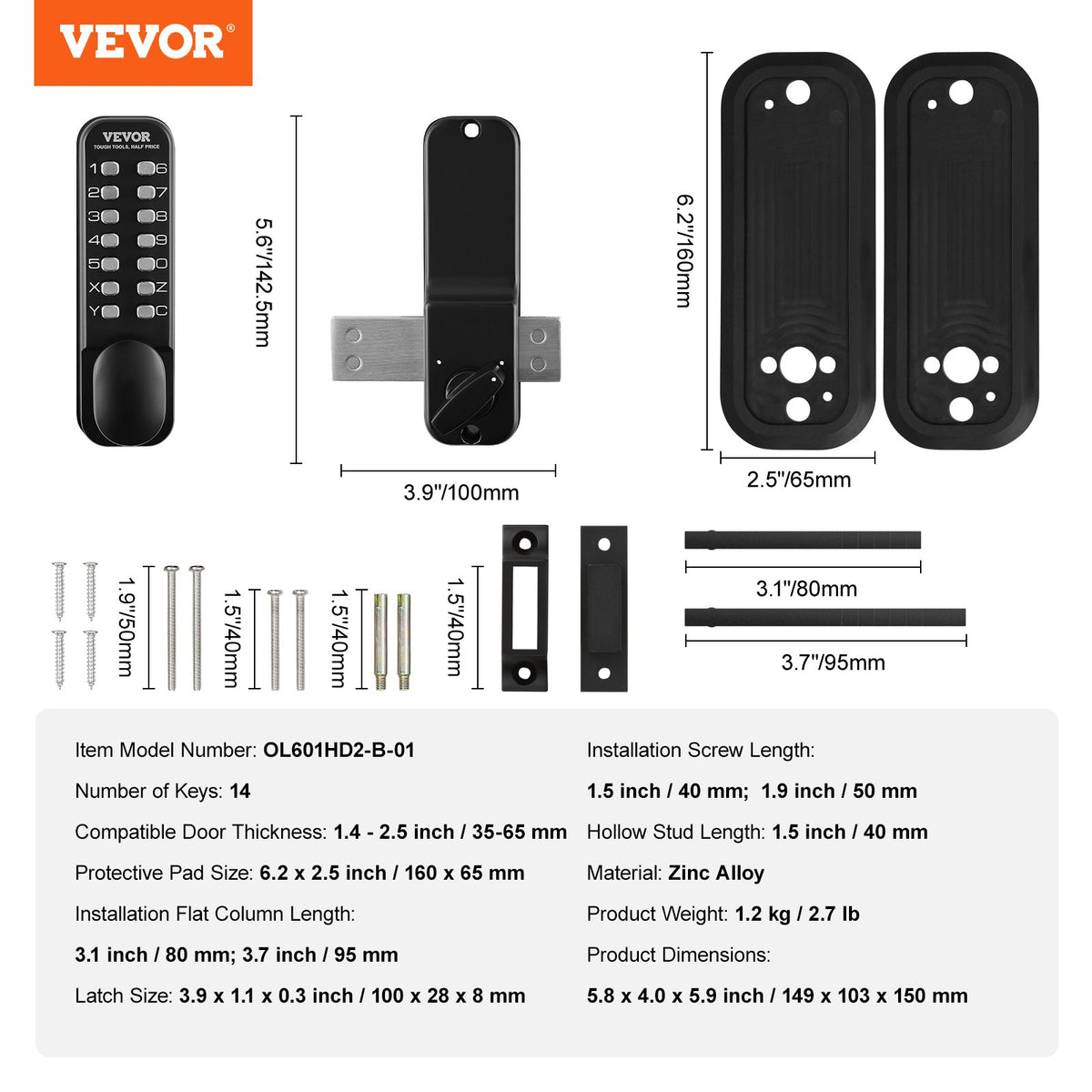 Mechanical Keyless Entry Door Lock, 14 Digit Keypad, Water-proof Zinc Alloy, Outdoor Gate Door Locks Set with V952-JXMMSBMAZSZMEOO20V0