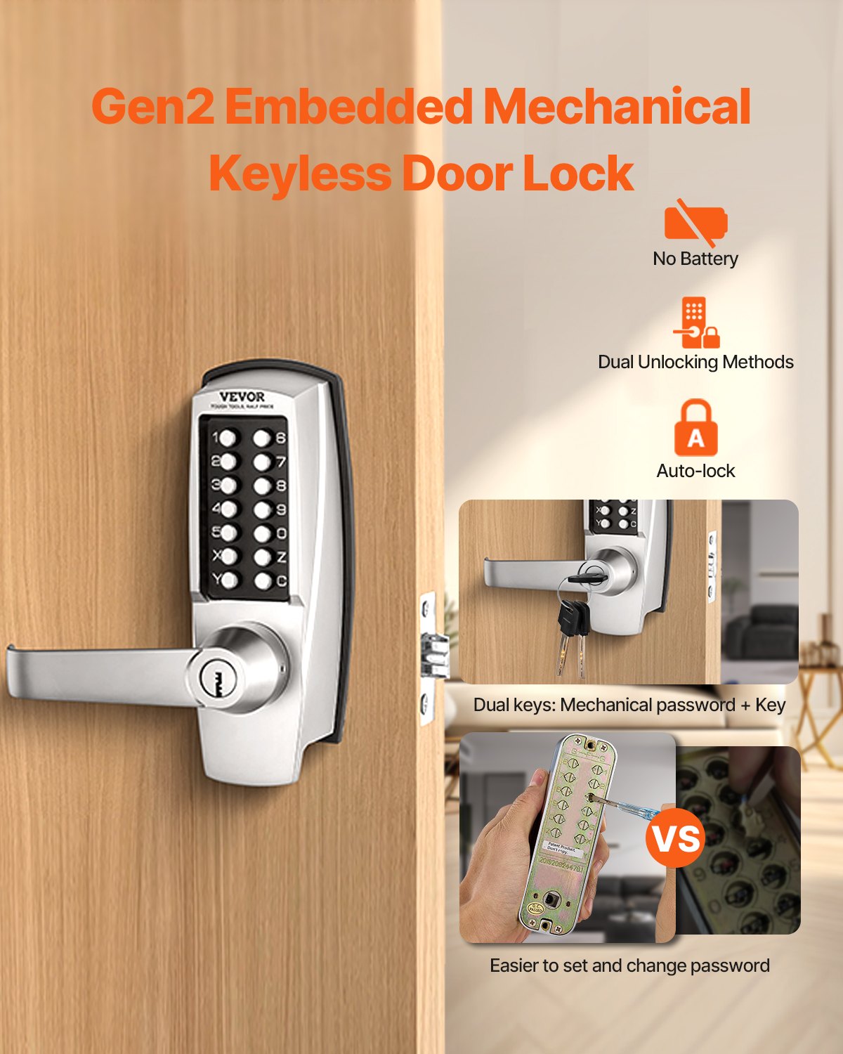 Mechanical Keyless Entry Door Lock, 14 Key Mechanical Door Lock with Keys, Mechanical Keypad Door Lock with V952-JXMMSQRSSZMM4OC12V0