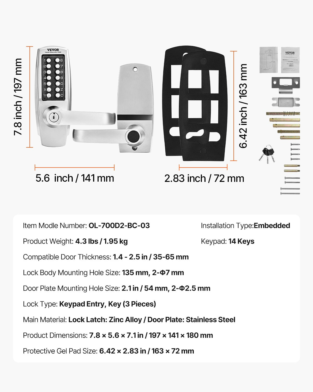 Mechanical Keyless Entry Door Lock, 14 Key Mechanical Door Lock with Keys, Mechanical Keypad Door Lock with V952-JXMMSQRSSZMM4OC12V0