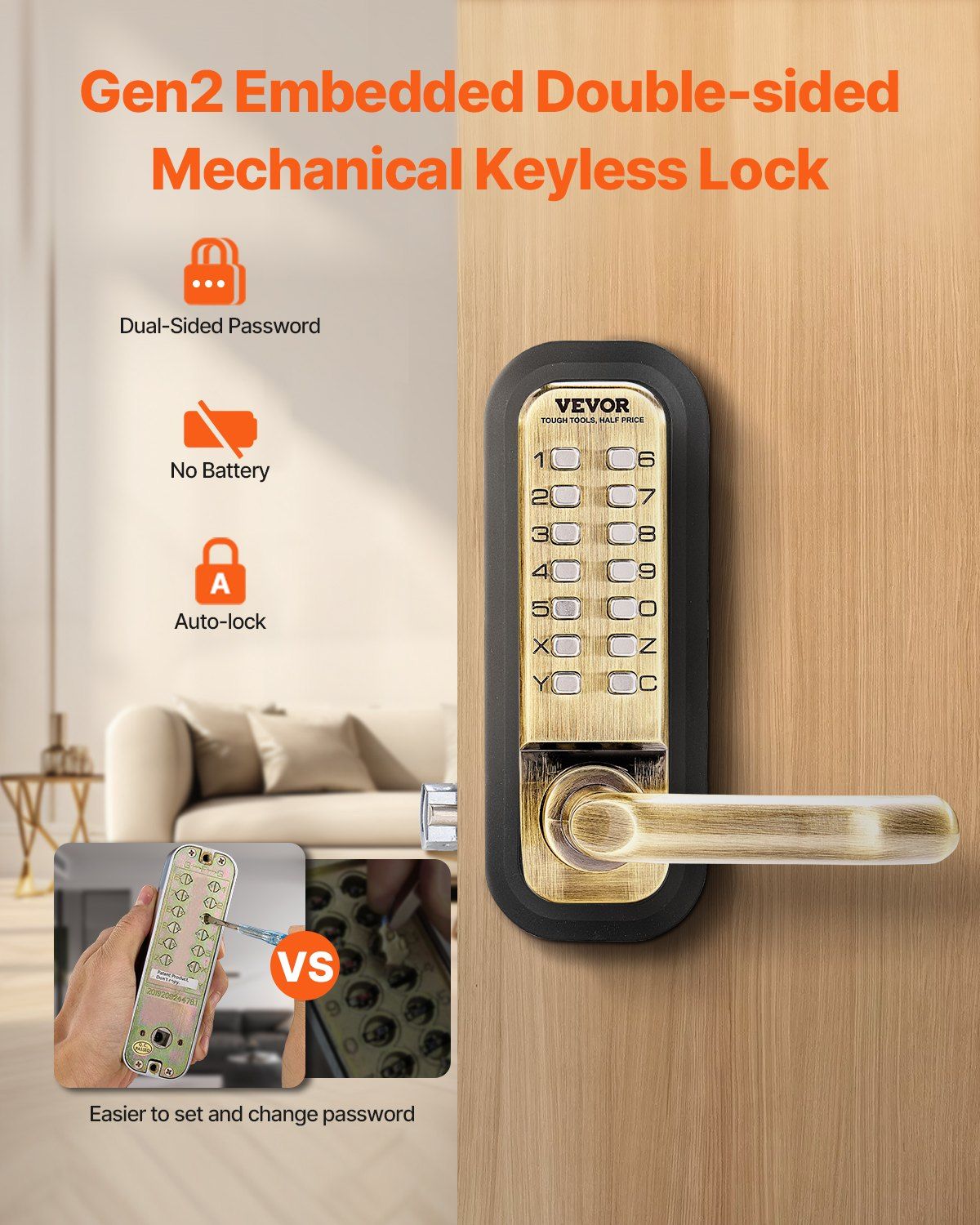 Mechanical Keyless Entry Door Lock, 14 Key Mechanical Door Lock, Mechanical Keypad Door Lock with Handle, V952-JXMMSQRSSZMM8DYARV0