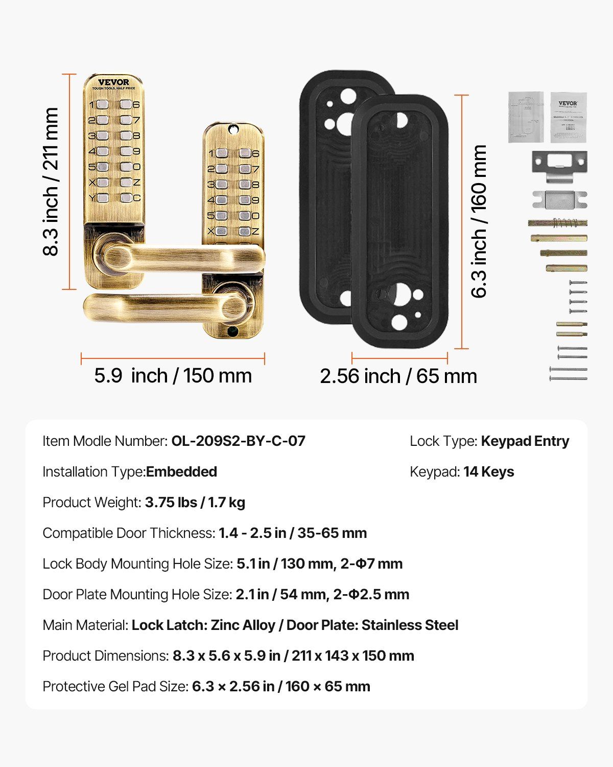 Mechanical Keyless Entry Door Lock, 14 Key Mechanical Door Lock, Mechanical Keypad Door Lock with Handle, V952-JXMMSQRSSZMM8DYARV0