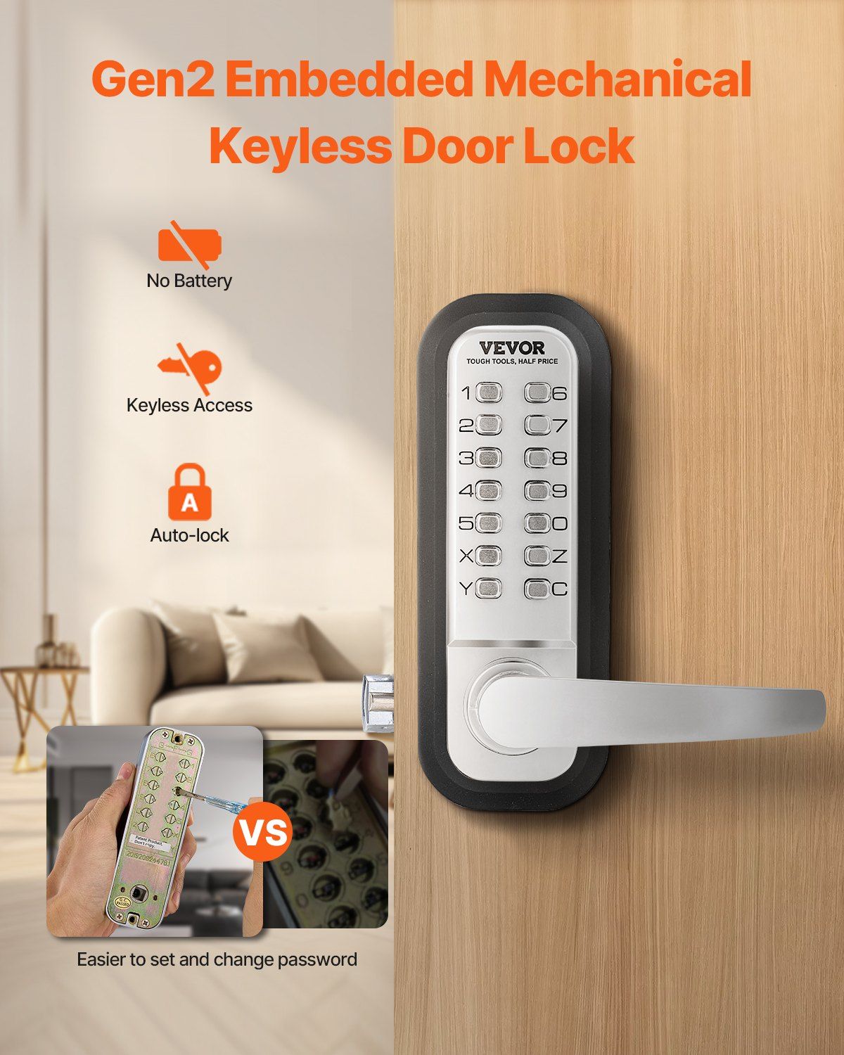 Mechanical Keyless Entry Door Lock, 14 Key Mechanical Door Lock, Mechanical Keypad Door Lock with Handle, V952-JXMMSQRSSZMM988L0V0