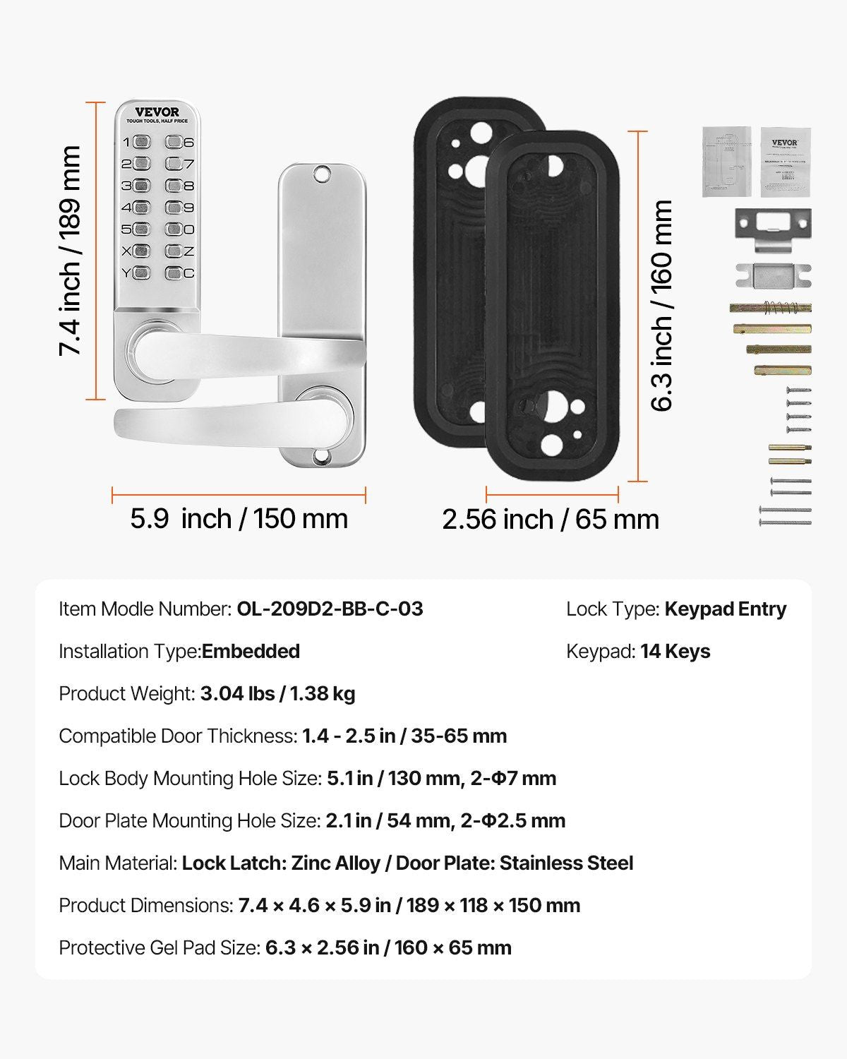 Mechanical Keyless Entry Door Lock, 14 Key Mechanical Door Lock, Mechanical Keypad Door Lock with Handle, V952-JXMMSQRSSZMM988L0V0