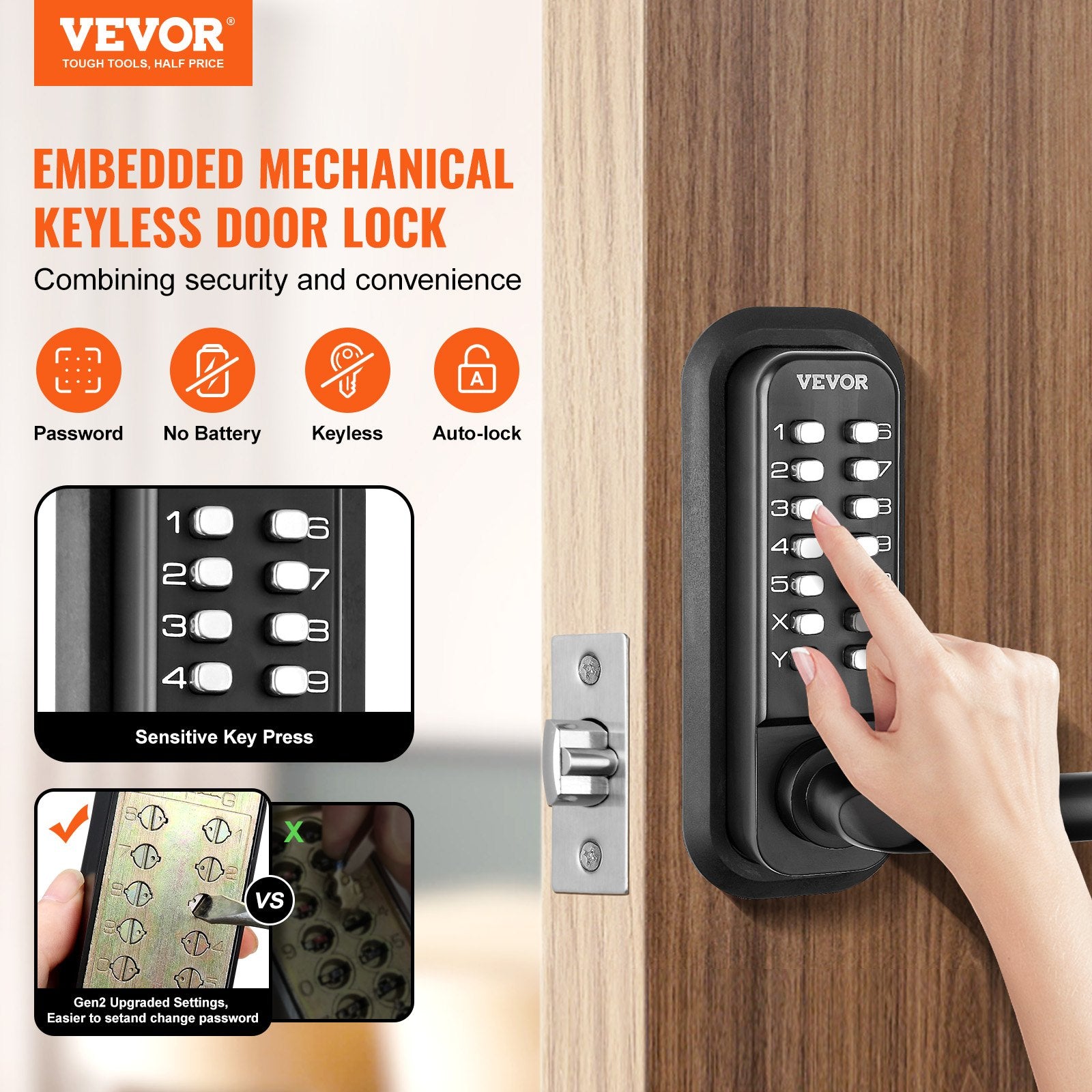 Mechanical Keyless Entry Door Lock 14 Digit Keypad and Handle Embedded V952-JXMMSQRSSZMMDZSMAV0