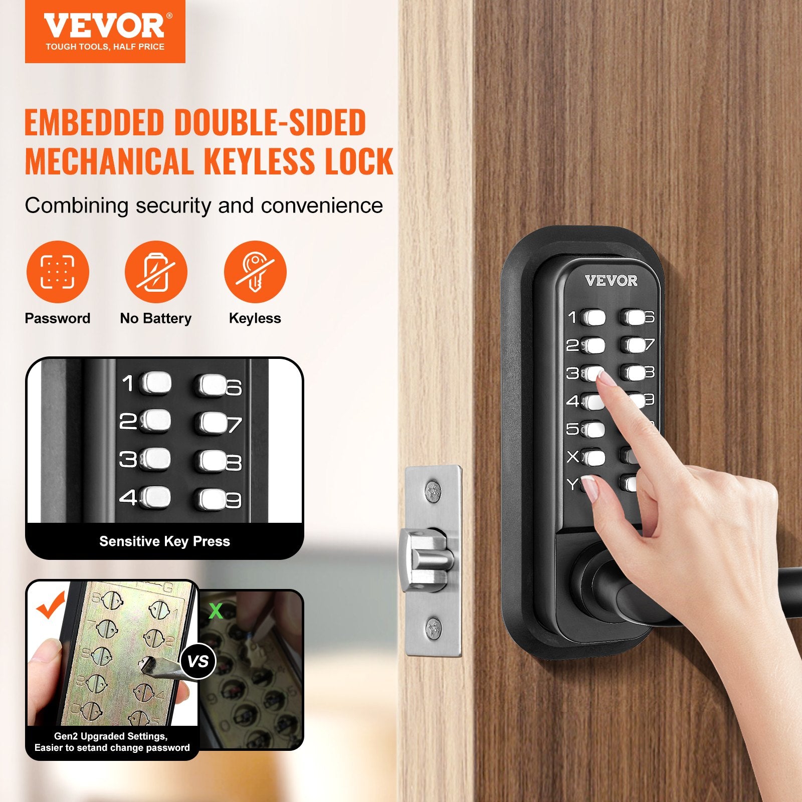 Mechanical Keyless Entry Door Lock, 14 Digit Keypad, Water-proof Zinc Alloy, Double-sided Embedded Outdoor V952-JXMMSQRSSZMMUEQJ6V0