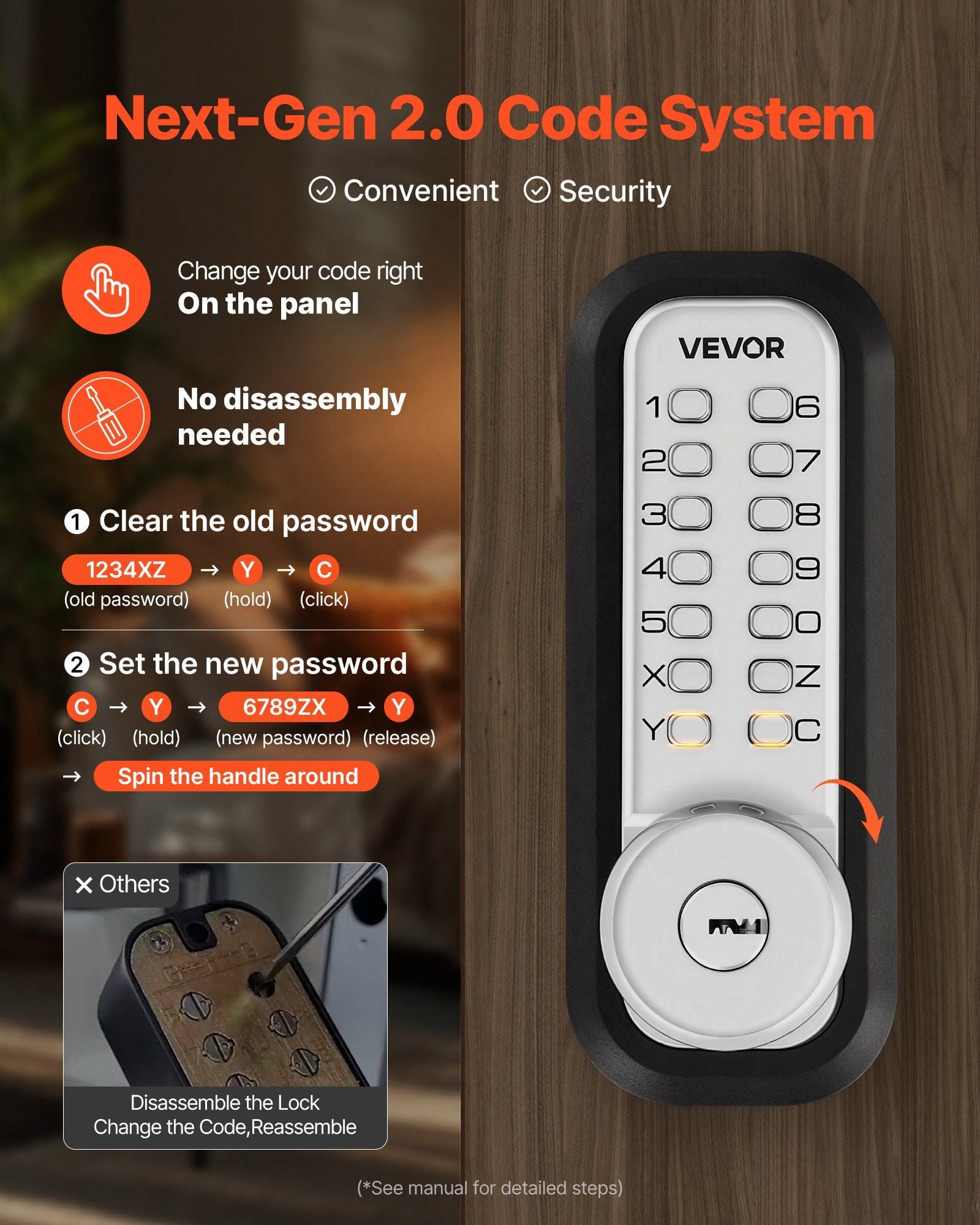 Mechanical Keyless Entry Door Lock, 2.0 Code Upgrade, 4-7 Digits Code, Single-Sided Push Button Combination V952-JXMMSYSQXQRSNIU67001V0
