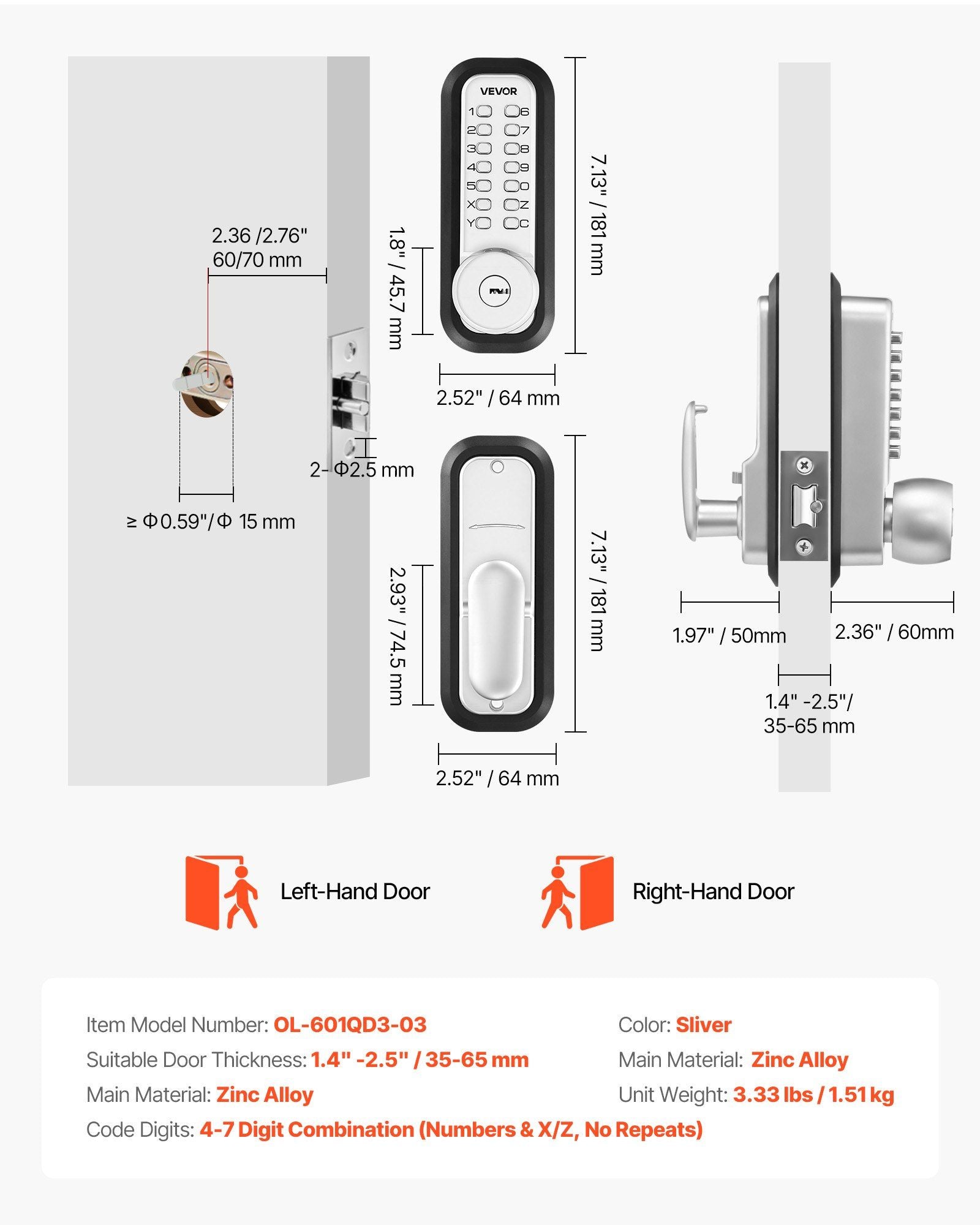 Mechanical Keyless Entry Door Lock, 2.0 Code Upgrade, 4-7 Digits Code, Single-Sided Push Button Combination V952-JXMMSYSQXQRSNIU67001V0