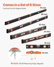 6-Piece Torpedo Level, 2000/1200/800/600/400/250 mm Box Levels Set, Bubble Vials Ruler for 45/90/180 Degree, V952-JXSPC78INCH401BF2V0