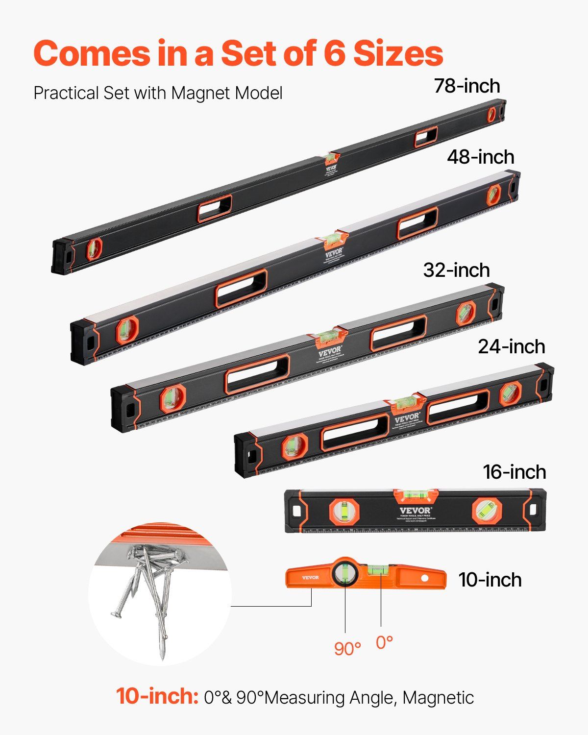 6-Piece Torpedo Level, 2000/1200/800/600/400/250 mm Box Levels Set, Bubble Vials Ruler for 45/90/180 Degree, V952-JXSPC78INCH401BF2V0