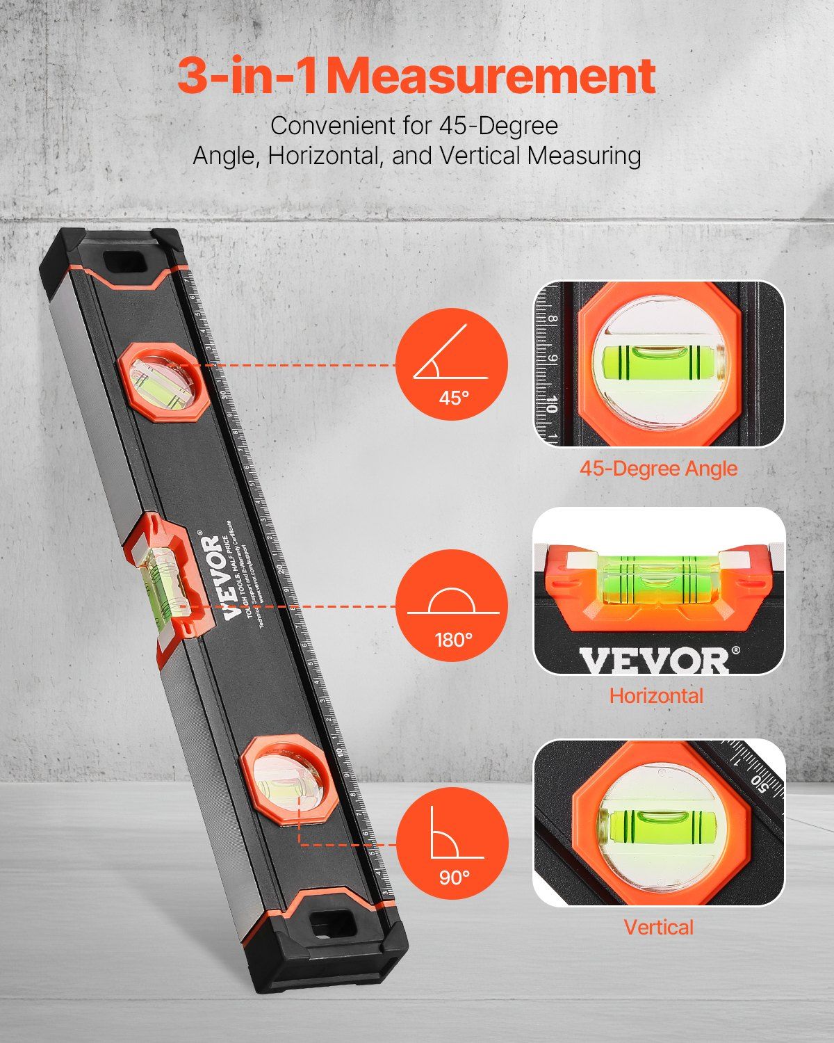 6-Piece Torpedo Level, 2000/1200/800/600/400/250 mm Box Levels Set, Bubble Vials Ruler for 45/90/180 Degree, V952-JXSPC78INCH401BF2V0