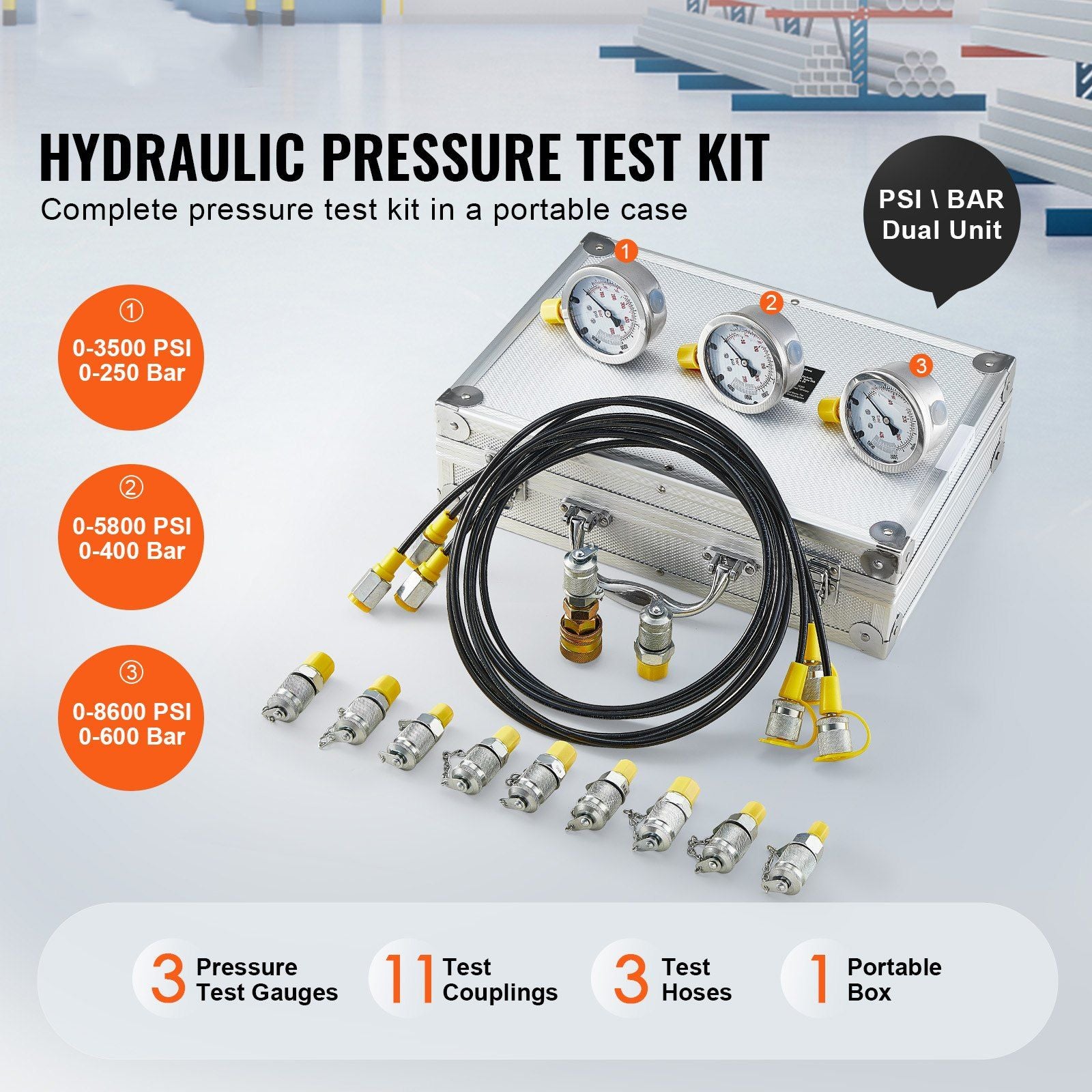 Hydraulic Pressure Test Kit, 250/400/600bar, 3 Gauges 11 Test Couplings 3 Test Hoses, Excavator Hydraulic V952-JXYBZ3T11G0050BLLV0