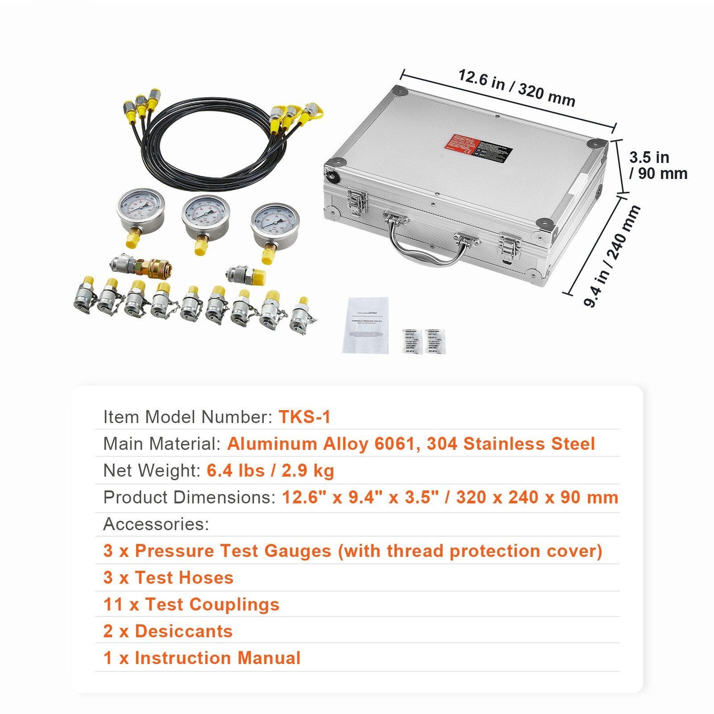 Hydraulic Pressure Test Kit, 250/400/600bar, 3 Gauges 11 Test Couplings 3 Test Hoses, Excavator Hydraulic V952-JXYBZ3T11G0050BLLV0