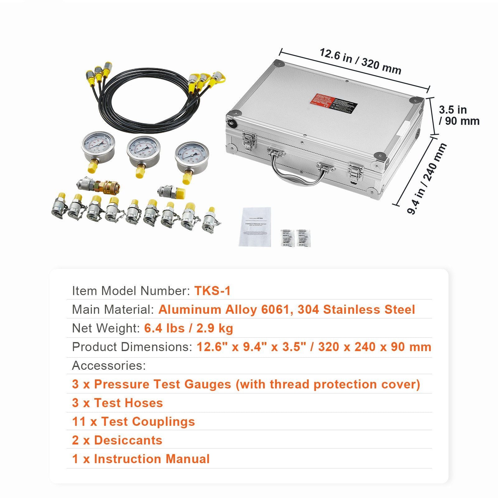 Hydraulic Pressure Test Kit, 250/400/600bar, 3 Gauges 11 Test Couplings 3 Test Hoses, Excavator Hydraulic V952-JXYBZ3T11G0050BLLV0