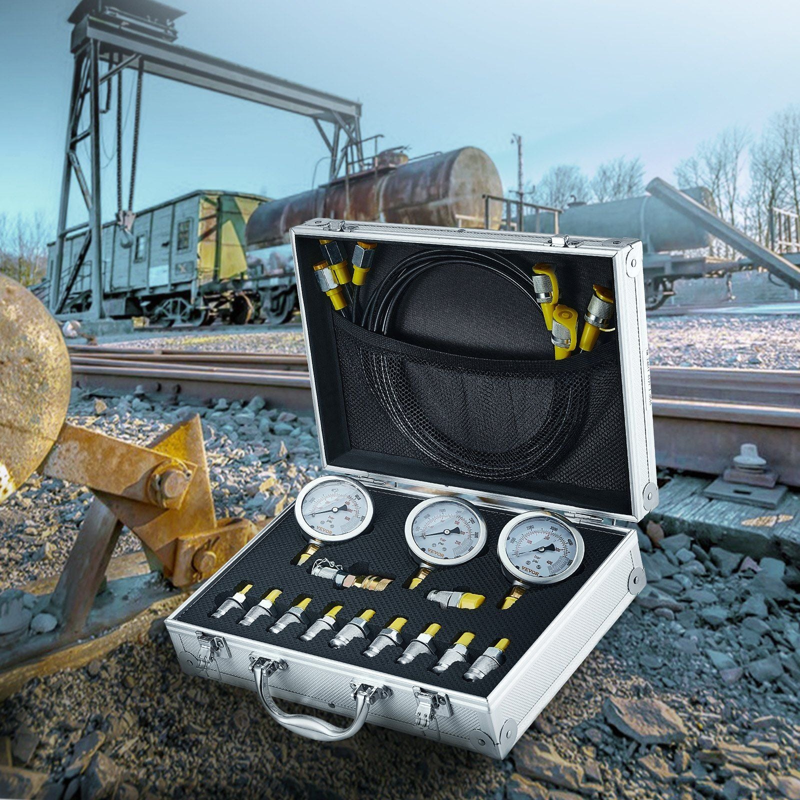 Hydraulic Pressure Test Kit, 250/400/600bar, 3 Gauges 11 Test Couplings 3 Test Hoses, Excavator Hydraulic V952-JXYBZ3T11G0050BLLV0