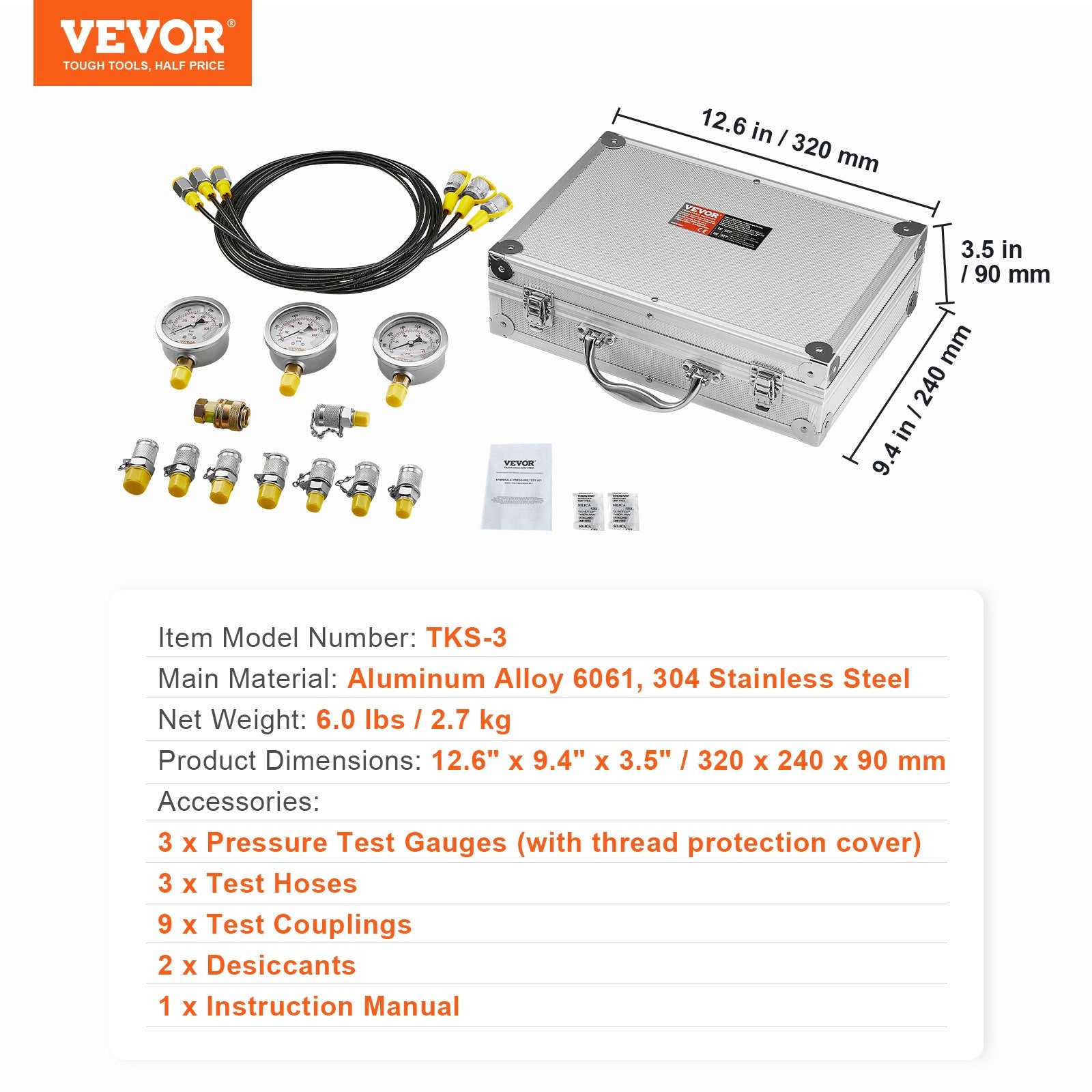 Hydraulic Pressure Test Kit, 250/400/600bar, 3 Gauges 9 Test Couplings 3 Test Hoses, Excavator Hydraulic Test V952-JXYBZ3T9G000XHZ9IV0