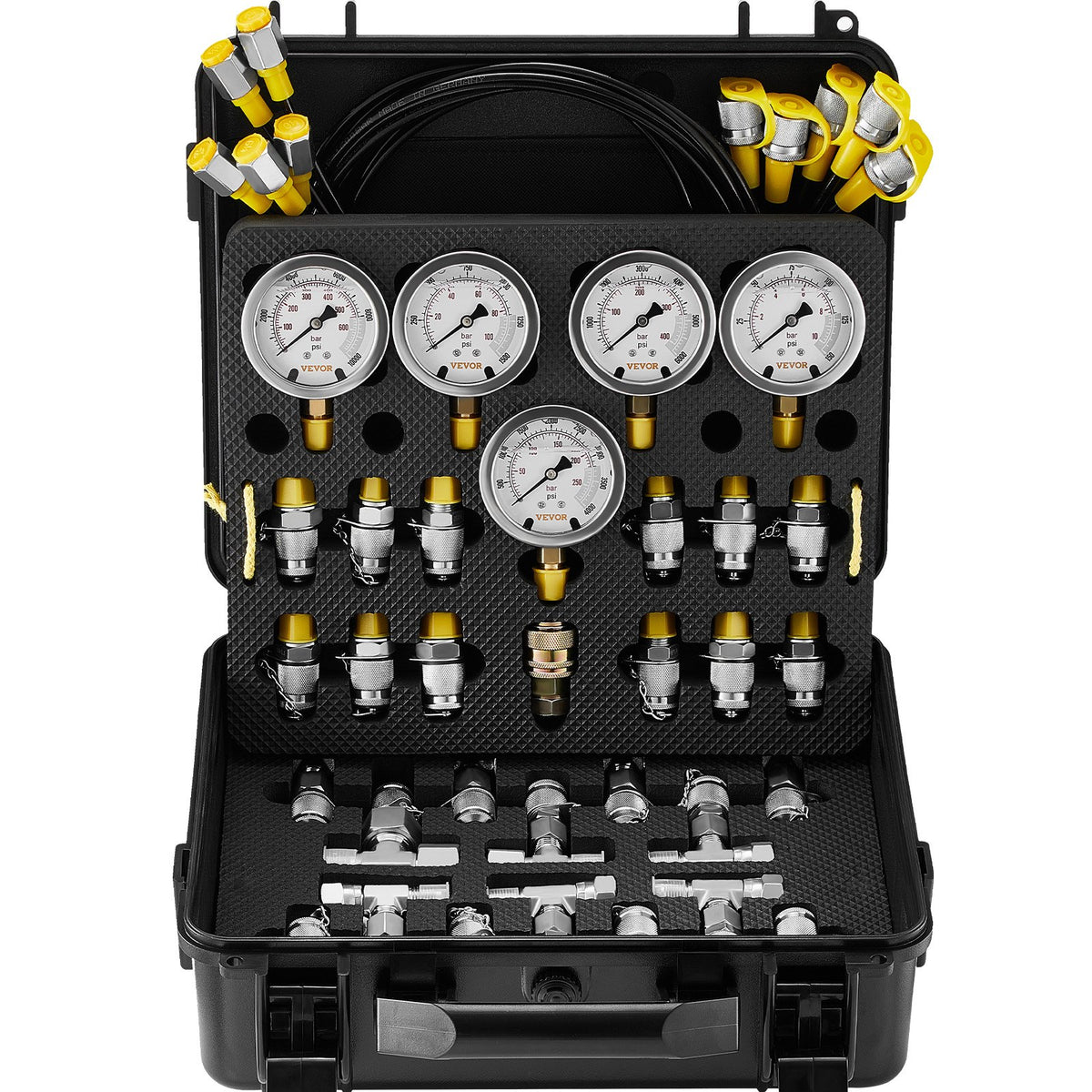 Hydraulic Pressure Test Kit, 10/100/250/400/600bar, 5 Gauges 13 Couplings 14 Tee Connectors 5 Test Hoses, V952-JXYBZ5T13G0031N8JV0