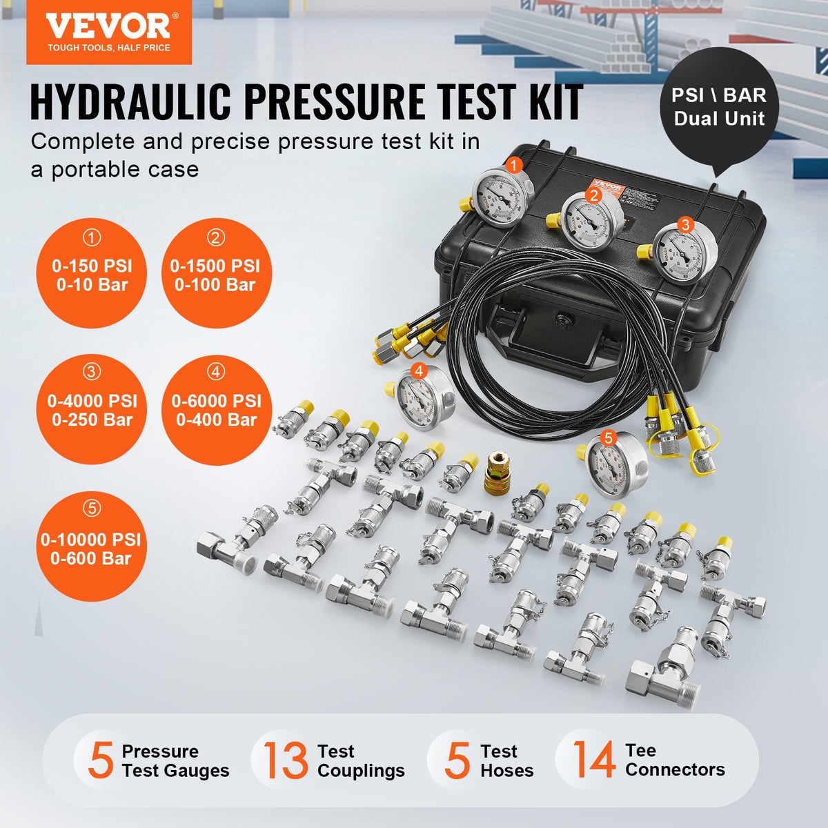 Hydraulic Pressure Test Kit, 10/100/250/400/600bar, 5 Gauges 13 Couplings 14 Tee Connectors 5 Test Hoses, V952-JXYBZ5T13G0031N8JV0