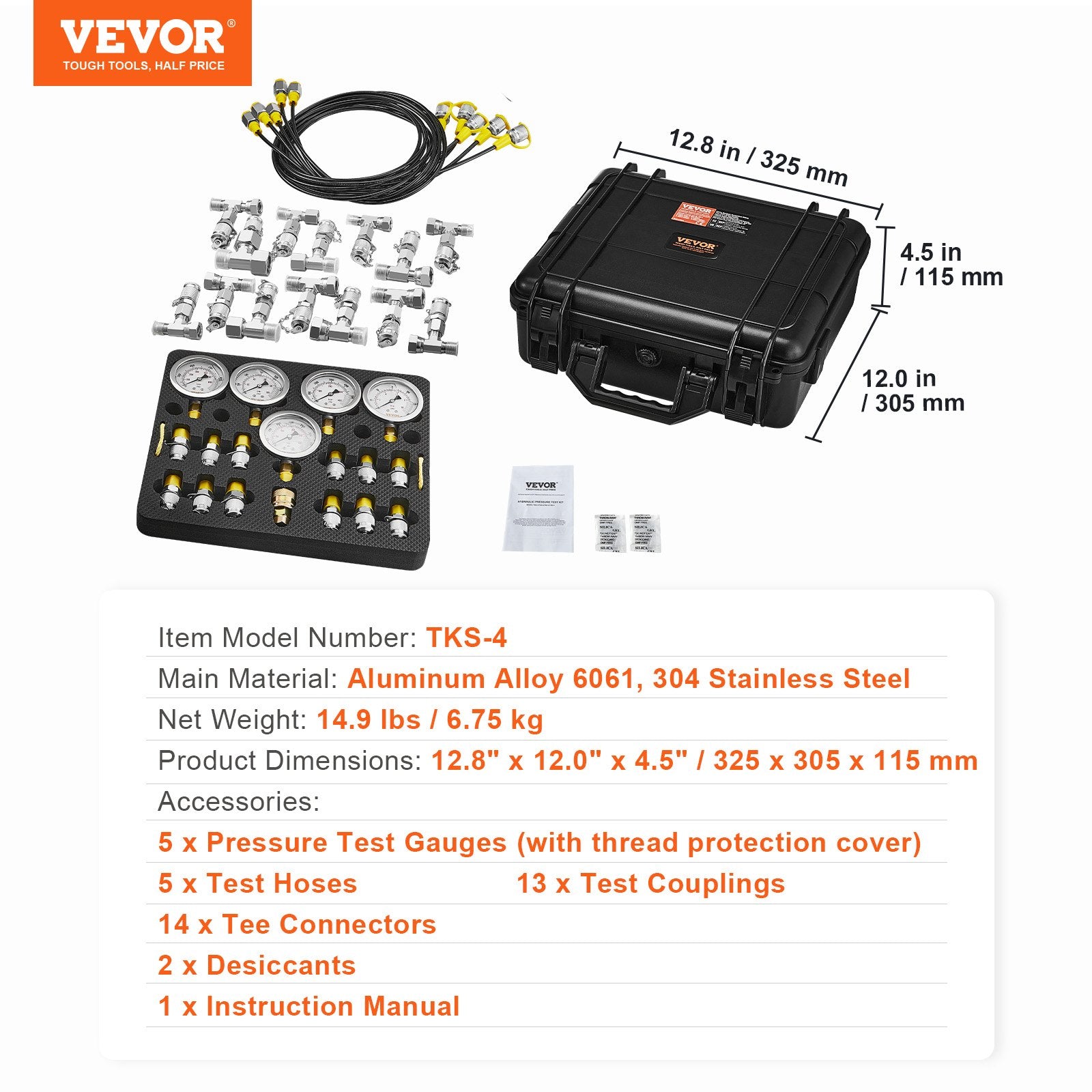 Hydraulic Pressure Test Kit, 10/100/250/400/600bar, 5 Gauges 13 Couplings 14 Tee Connectors 5 Test Hoses, V952-JXYBZ5T13G0031N8JV0