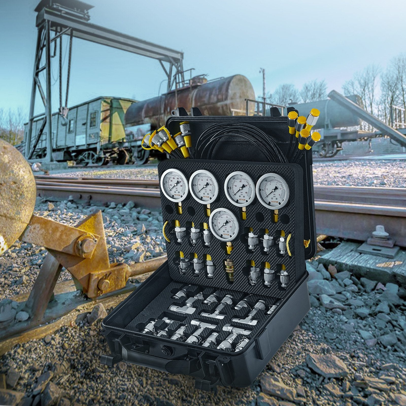 Hydraulic Pressure Test Kit, 10/100/250/400/600bar, 5 Gauges 13 Couplings 14 Tee Connectors 5 Test Hoses, V952-JXYBZ5T13G0031N8JV0