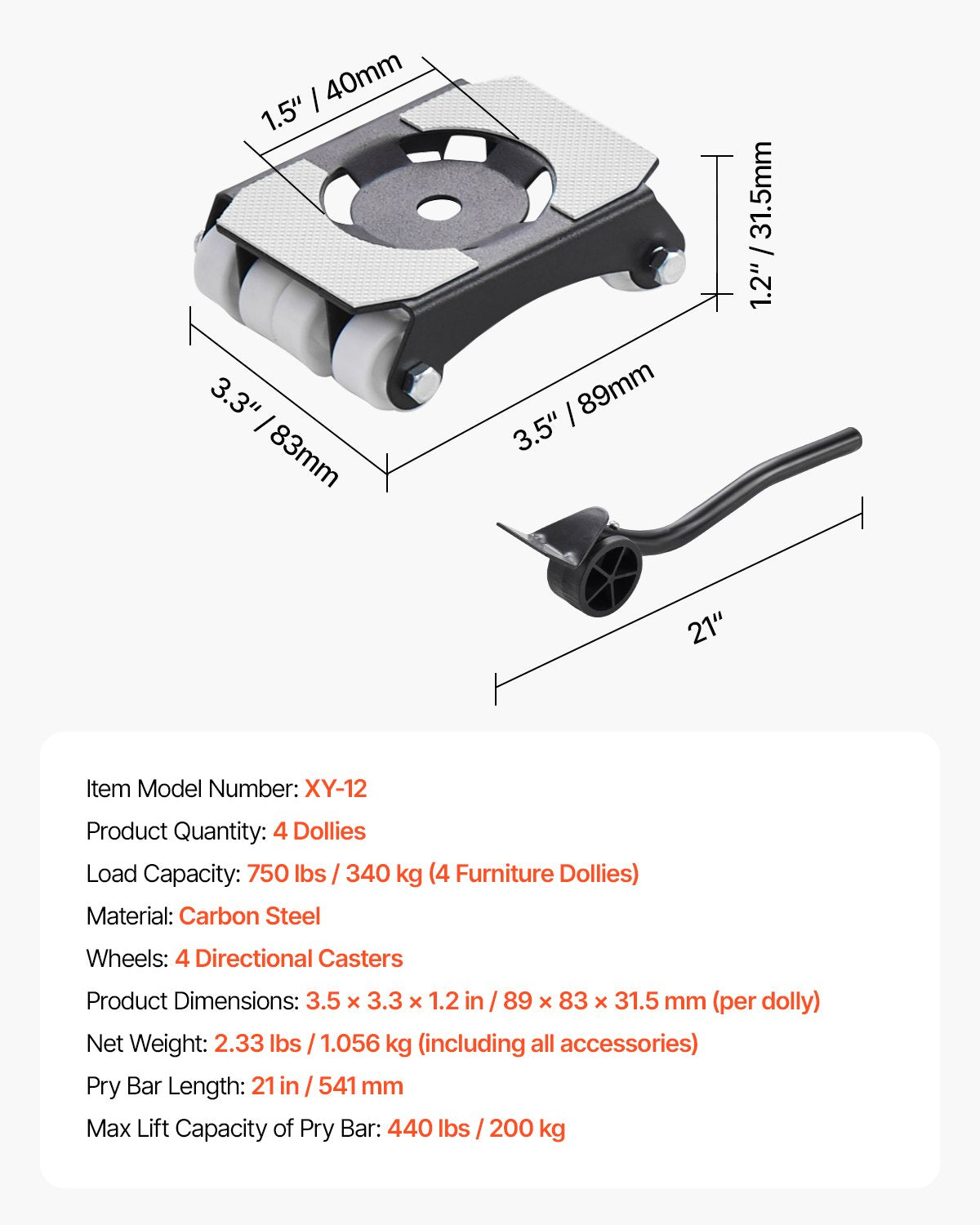 Furniture Dolly, 150 kg Load Capacity, Heavy Duty Furniture Movers with Wheels, Carbon Steel Panel, Dual-Row V952-JXYDHBJYDXL4SLOQXV0