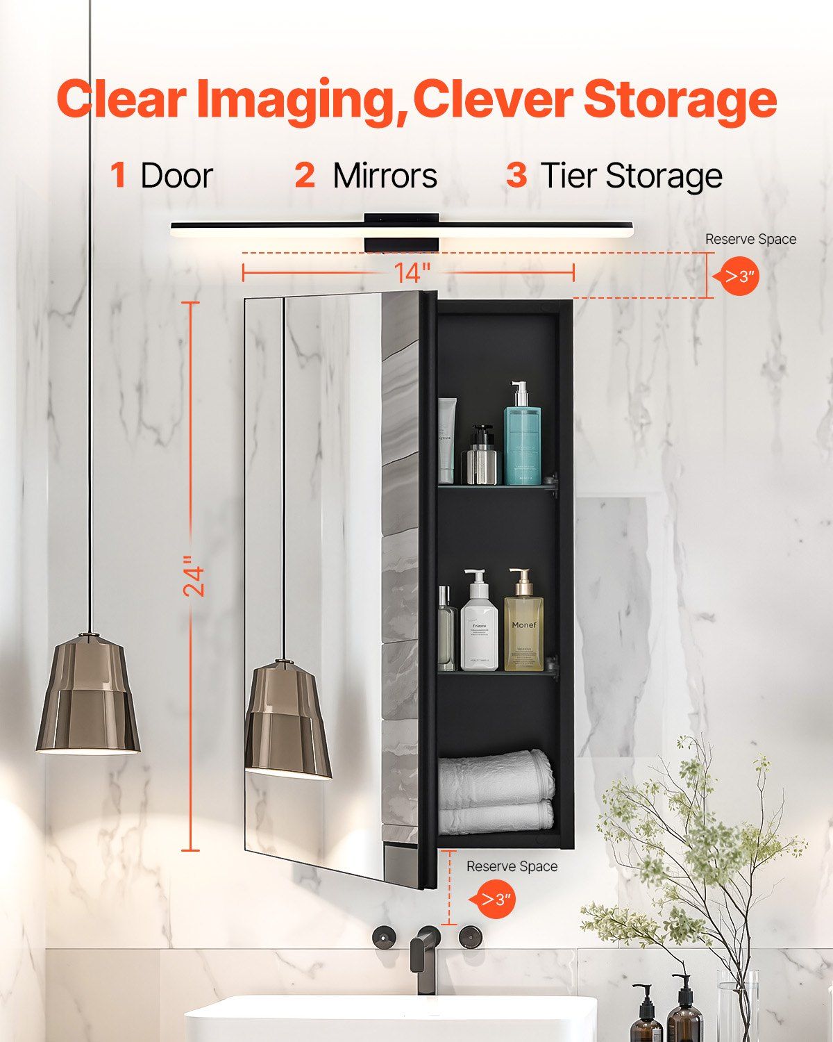Medicine Cabinet, 14 x 24 inches, Medicine Cabinet for Bathroom with Mirror, Aluminum Frame Bathroom Wall V952-JXYJJXJ1424I3OO5PV0