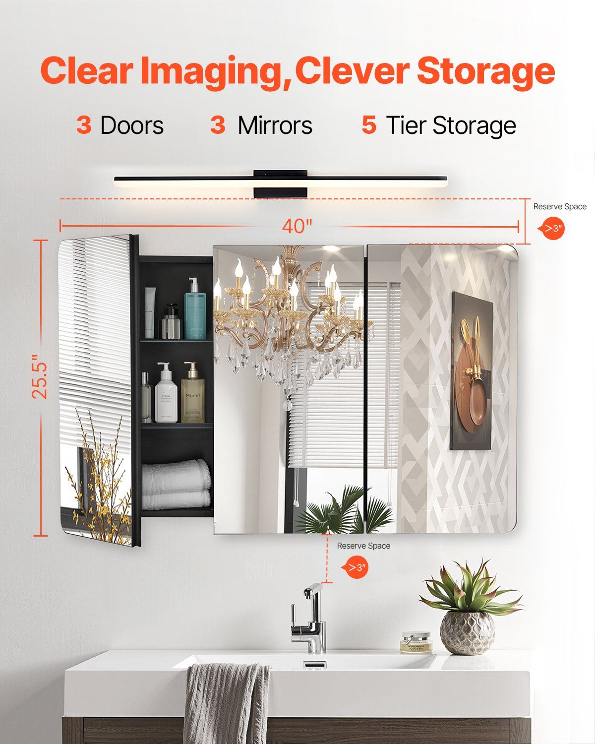 Medicine Cabinet, 25.5 x 40 inch, Medicine Cabinet for Bathroom with Mirror, Aluminum Frame Bathroom Wall V952-JXYJJXJ25540X2HYLV0